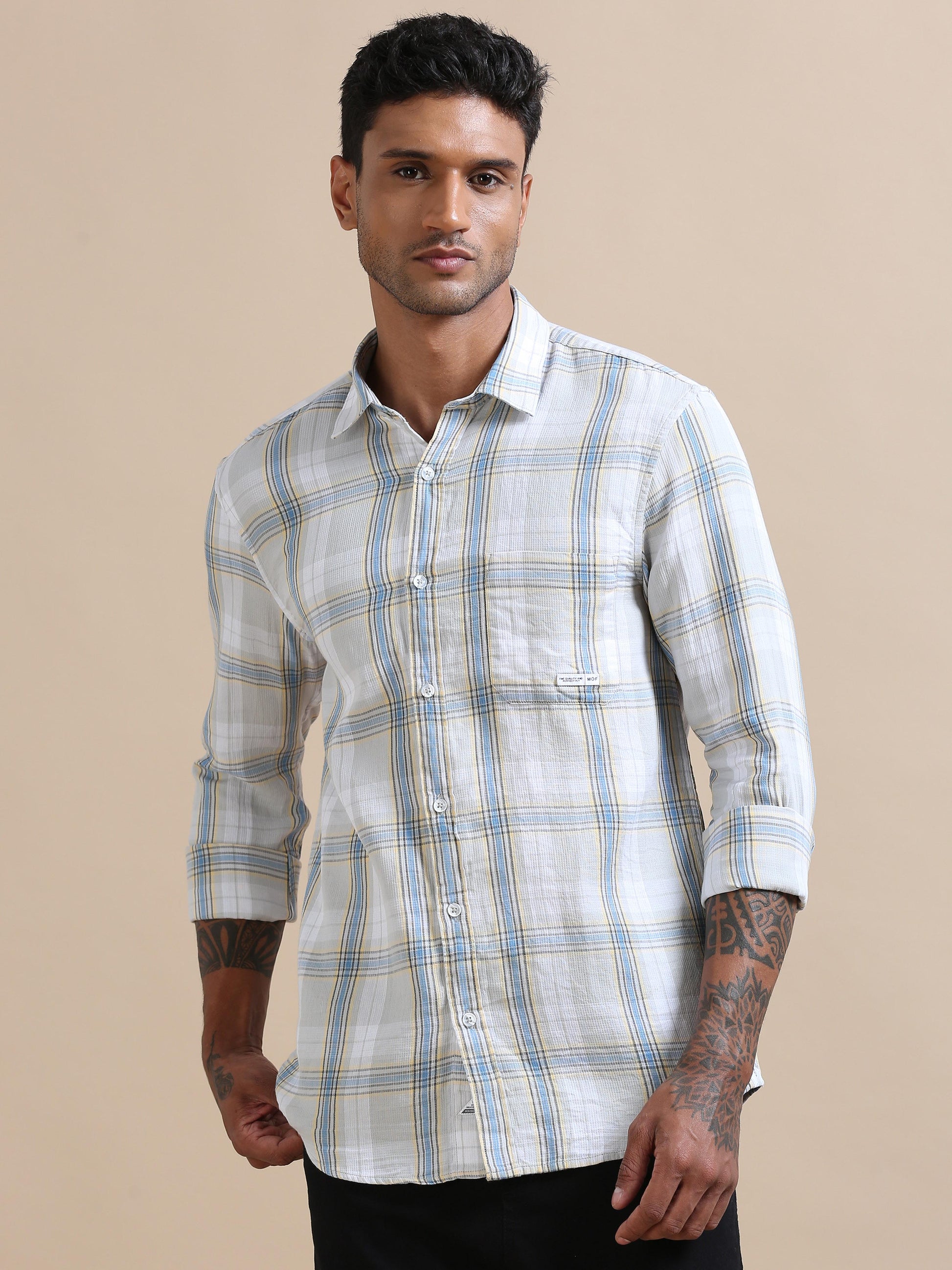  Plaidorama Off white and blue checks shirt For Men