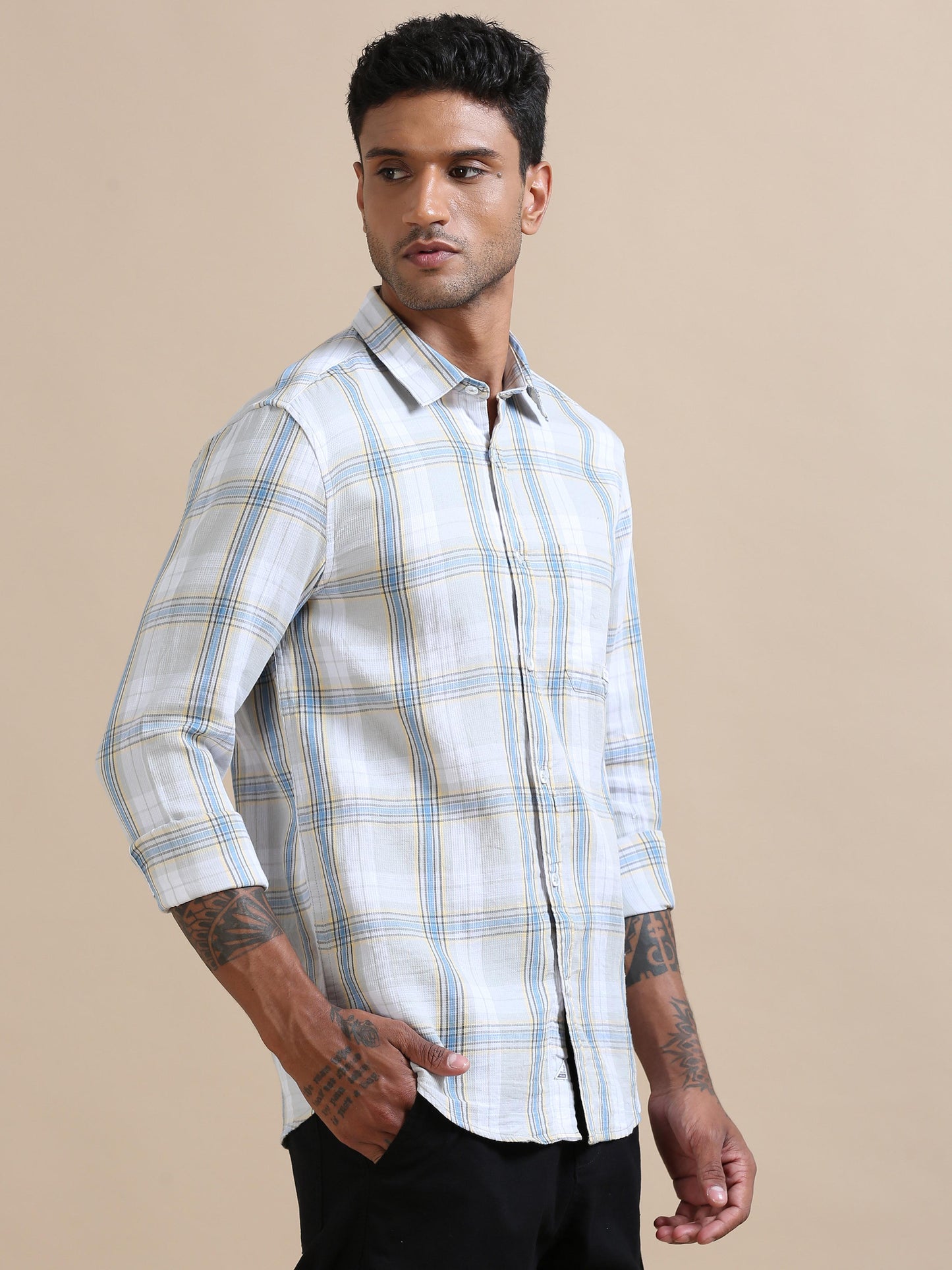  Plaidorama Off white and blue checks shirt For Men