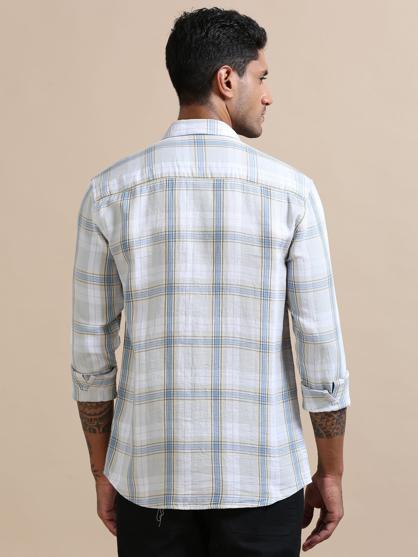  Plaidorama Off white and blue checks shirt For Men