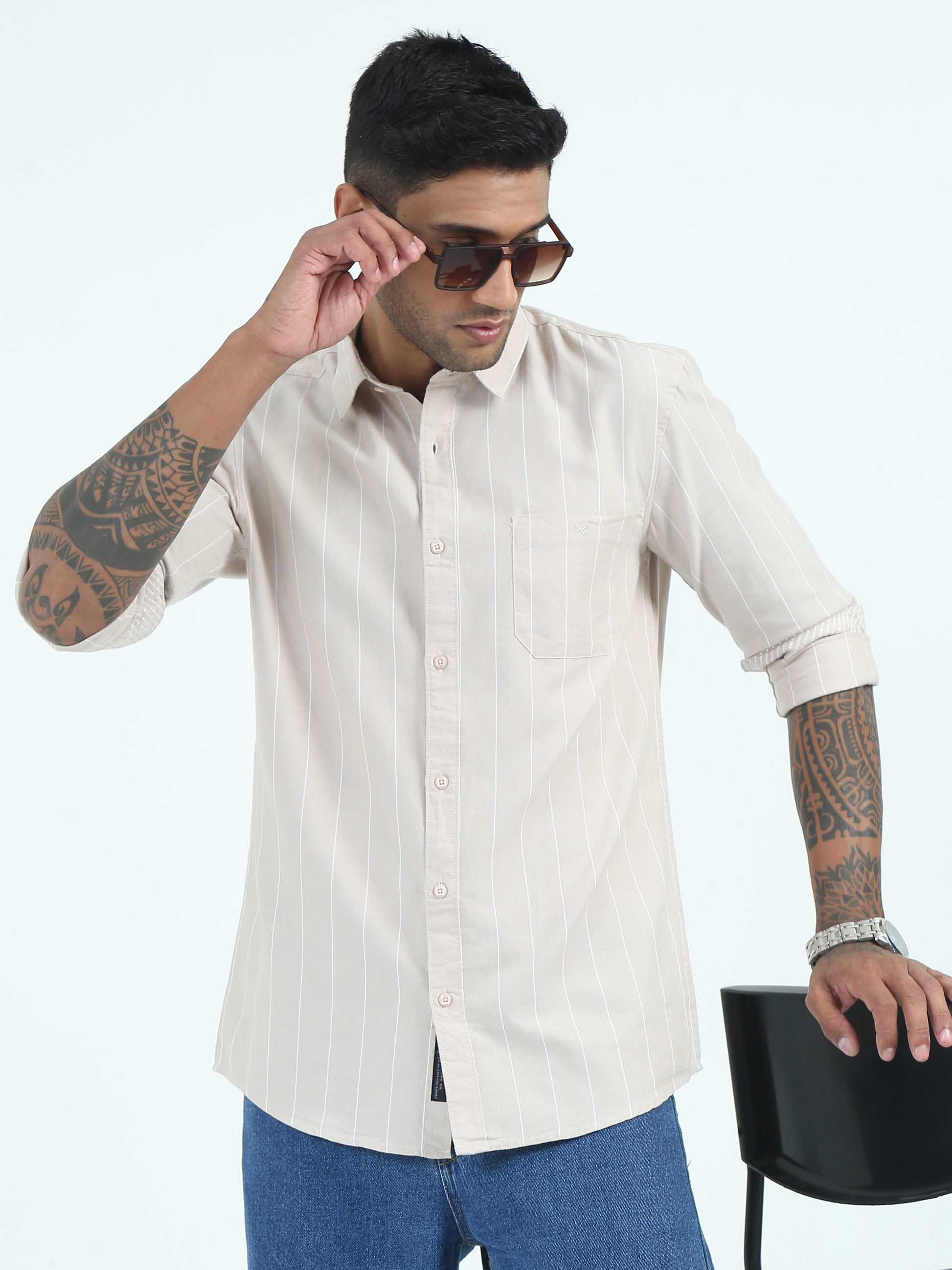  Mens Chikoo Strip Oxford Shirt Regular Fit 