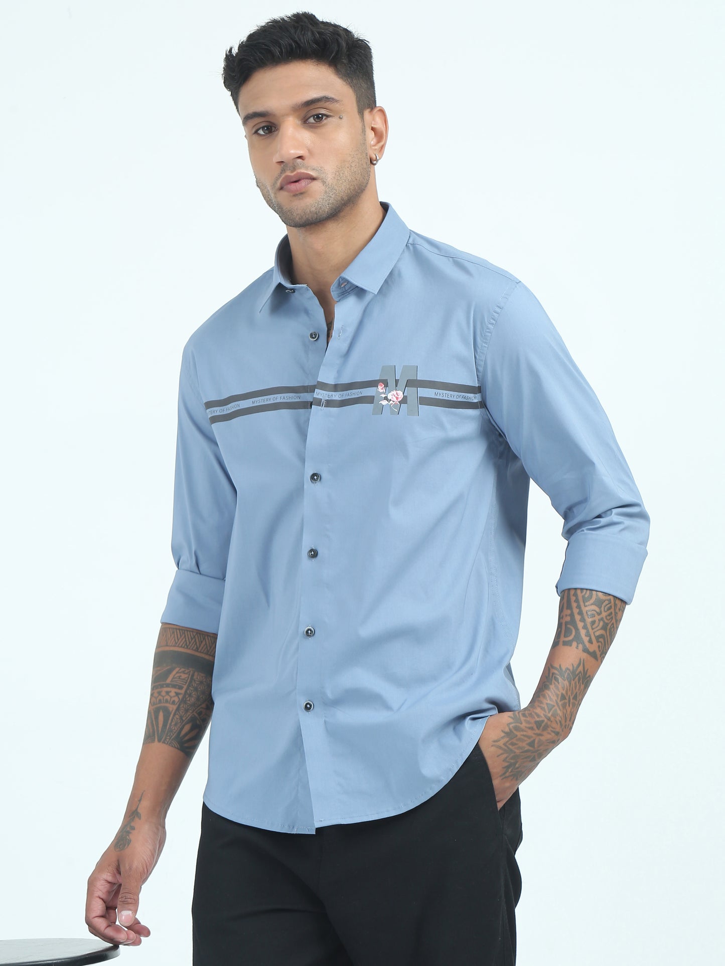 Blue Printed Poplin Cotton Poly Shirt for Men