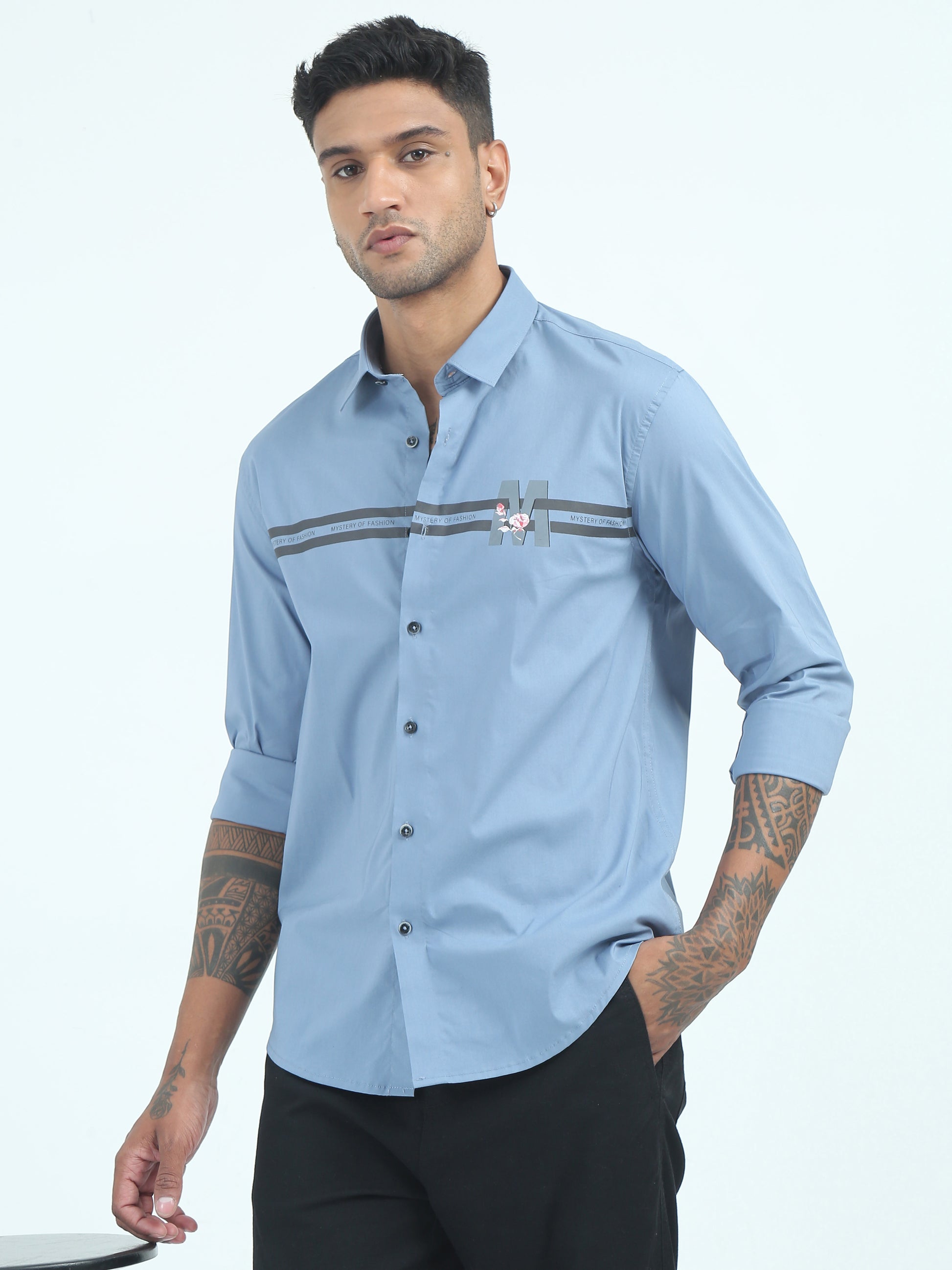 Blue Printed Poplin Cotton Poly Shirt for Men