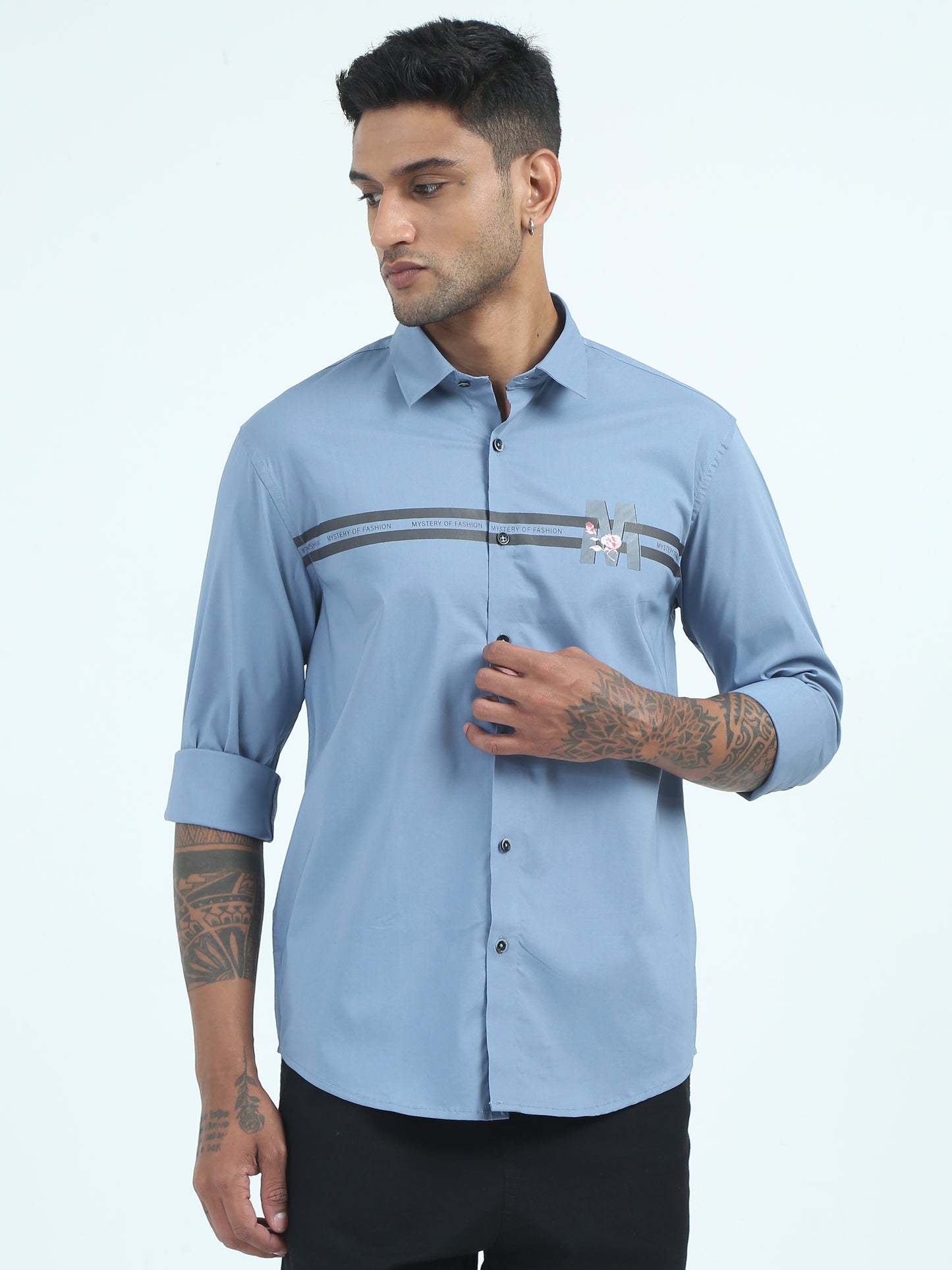 Blue Printed Poplin Cotton Poly Shirt for Men