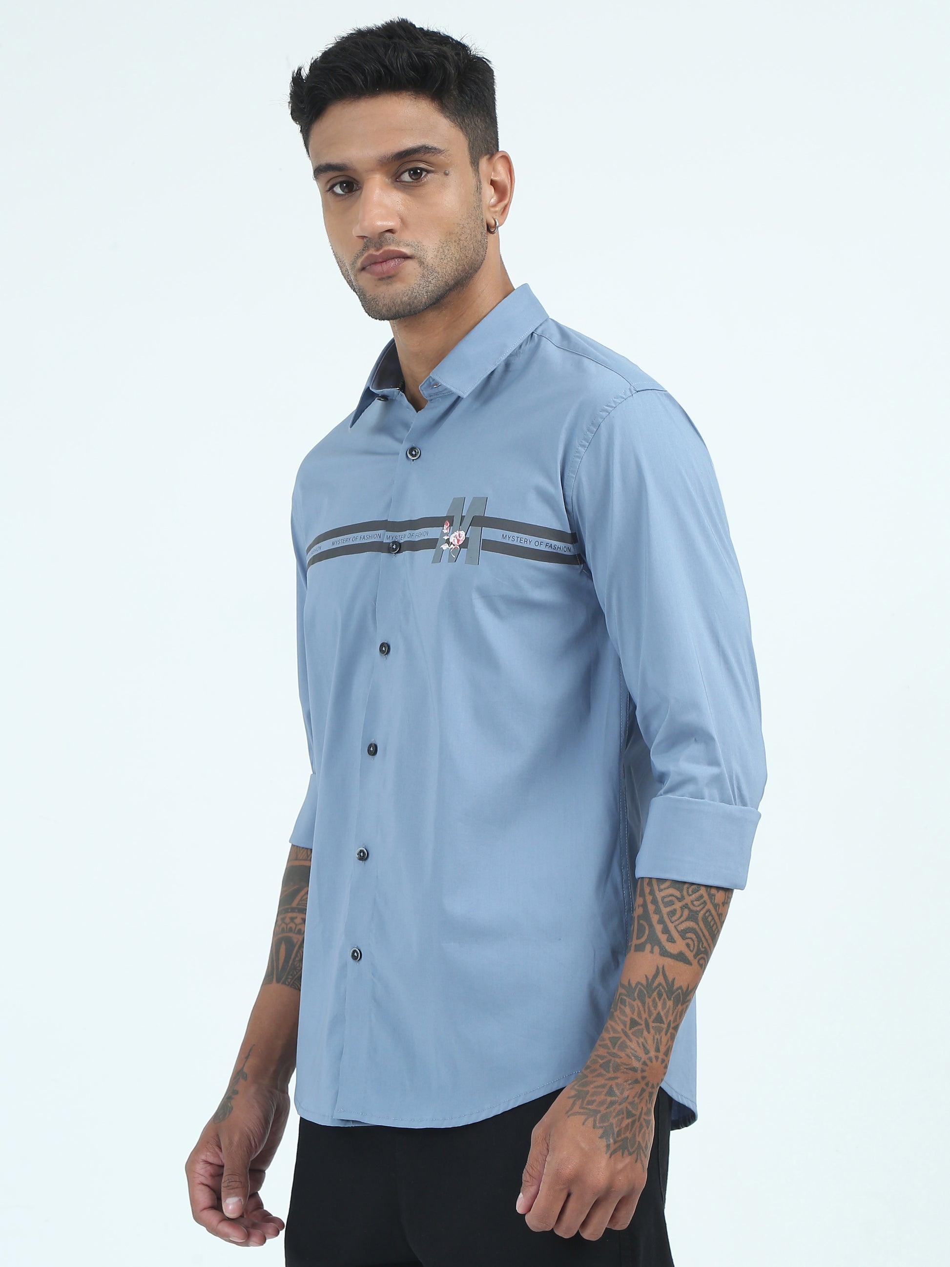 Blue Printed Poplin Cotton Poly Shirt for Men