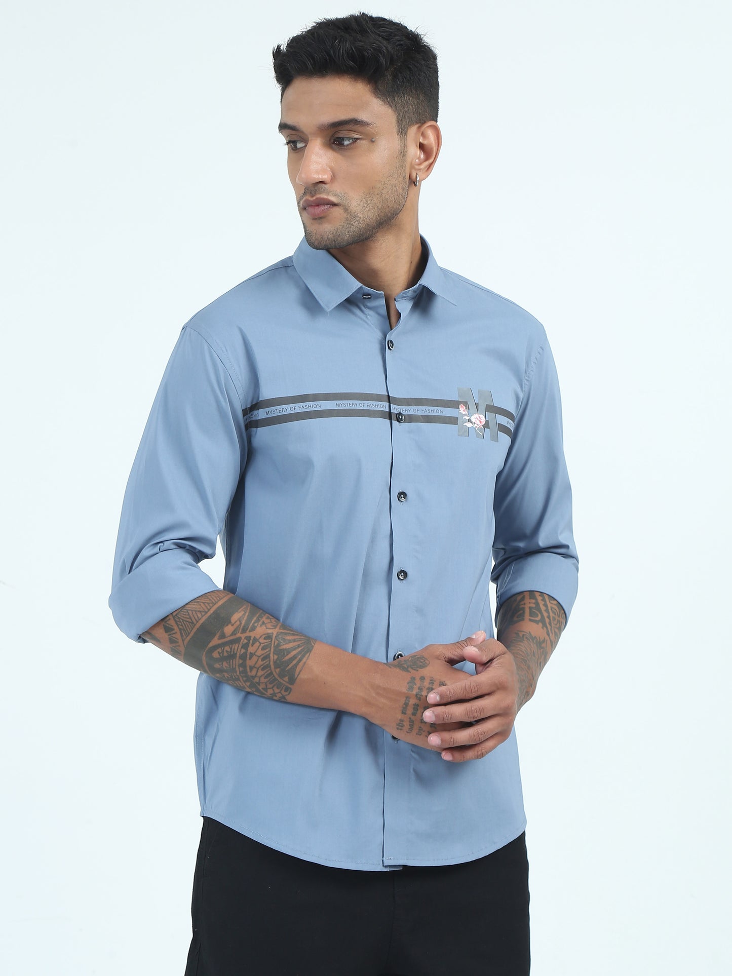 Blue Printed Poplin Cotton Poly Shirt for Men