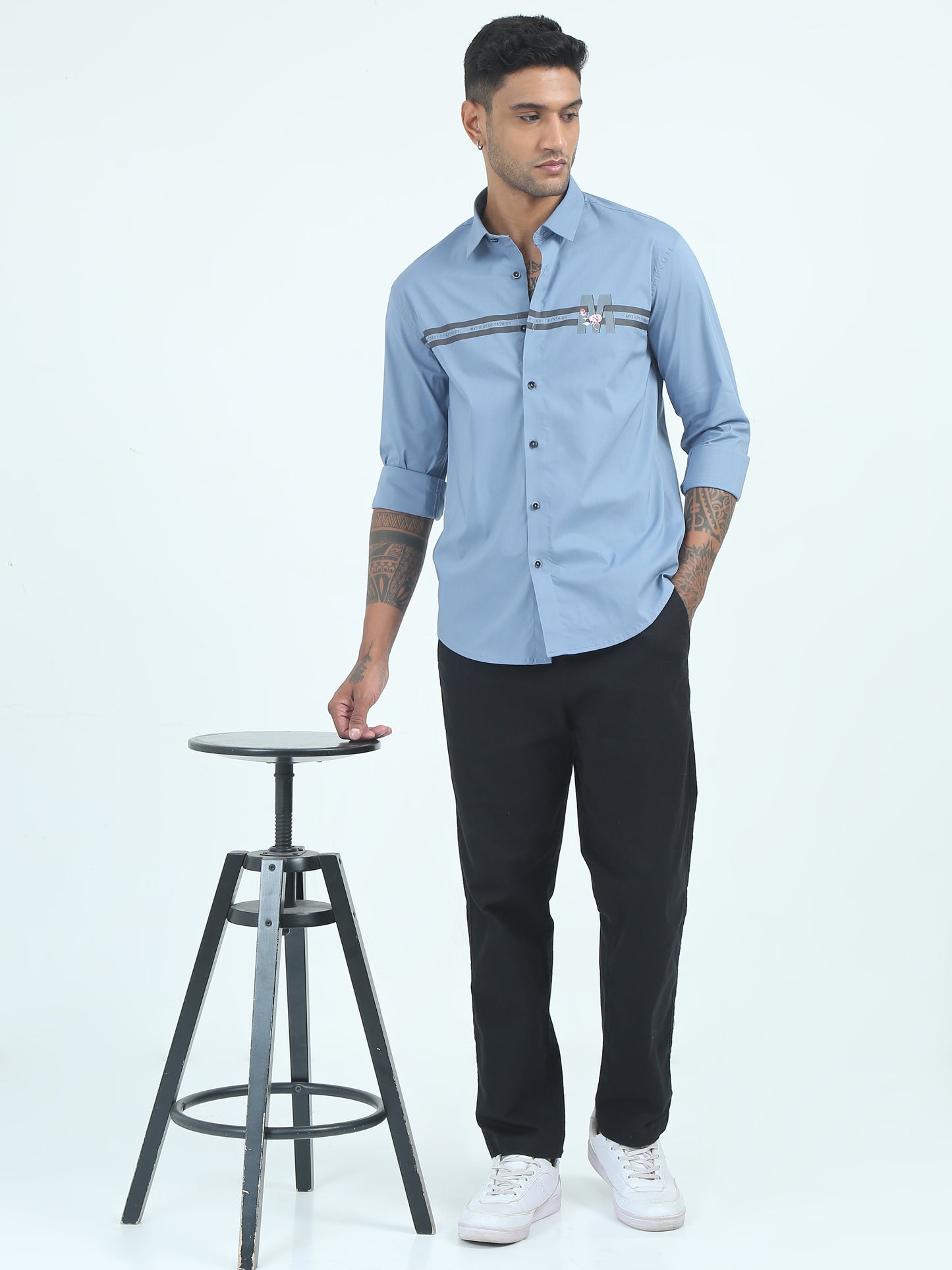 Blue Printed Poplin Cotton Poly Shirt for Men