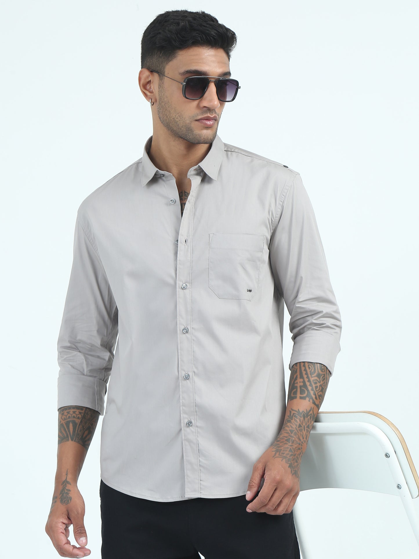  Poly Poplin Lycra Light Grey Shirt for Men