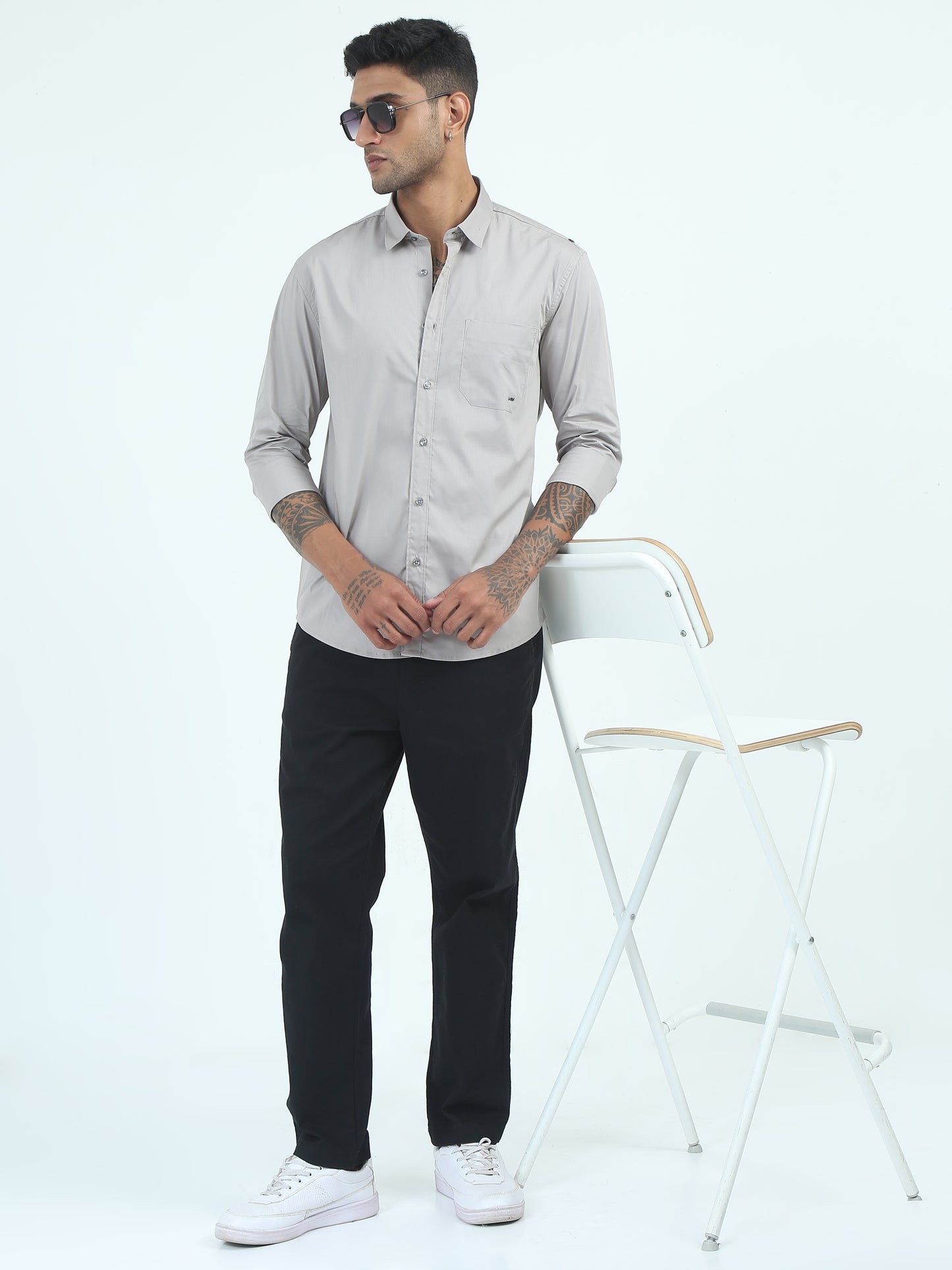  Poly Poplin Lycra Light Grey Shirt for Men