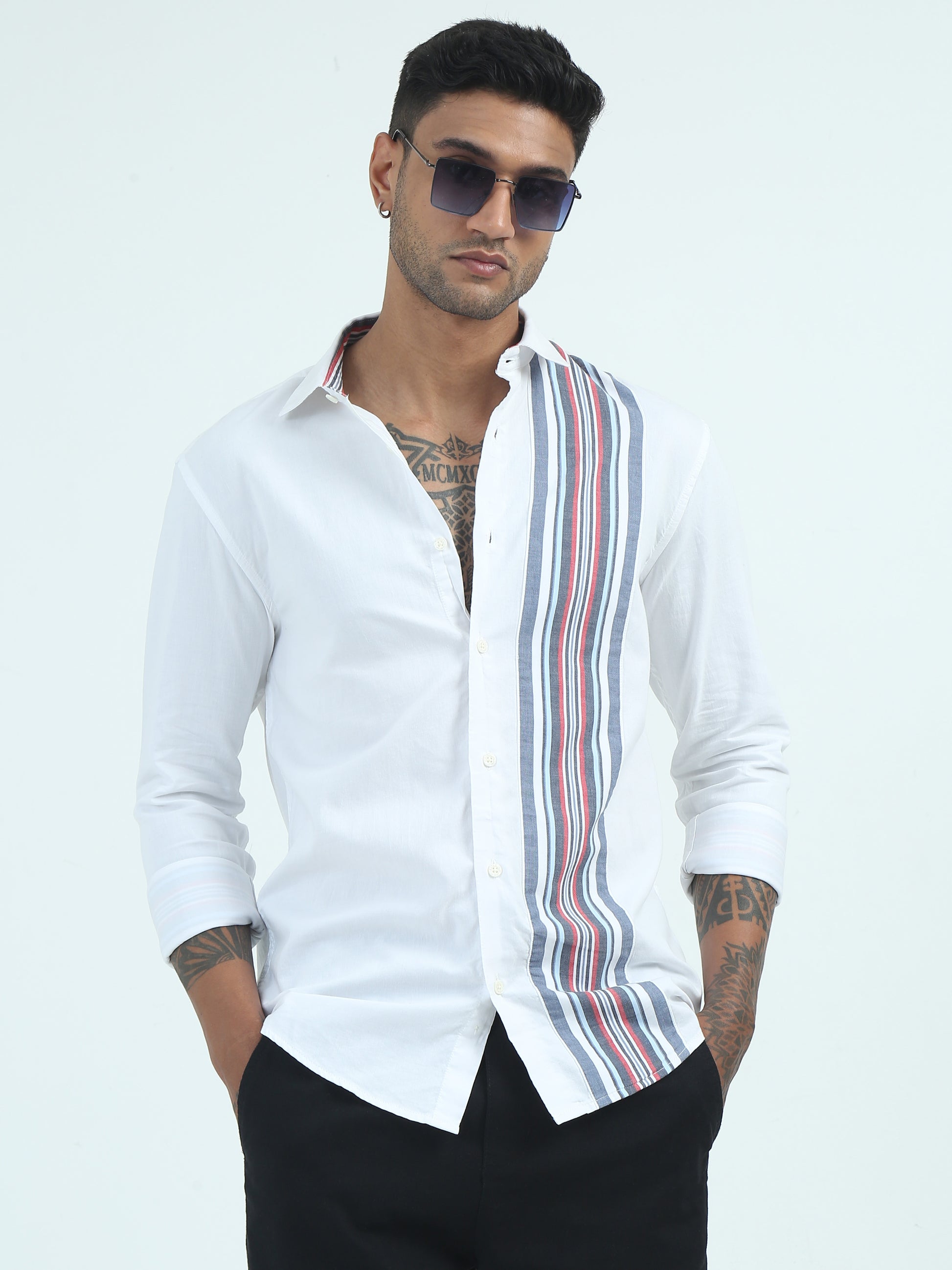 Blue Twill Penal Strip Mens Regular Fit Formal Shirts