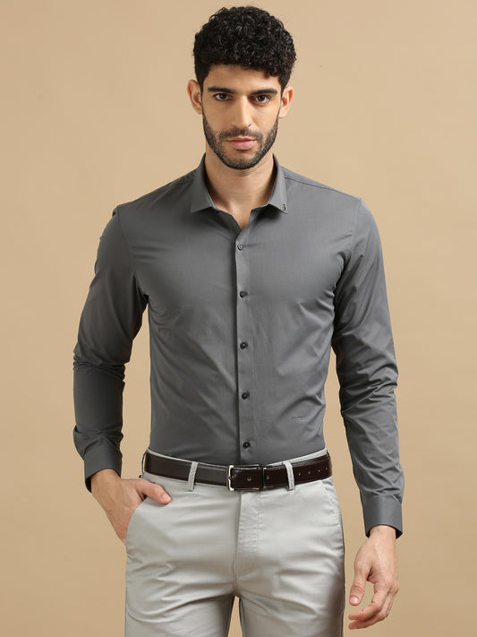  Grey Solid Shirt Long Sleeves Shirt For Men