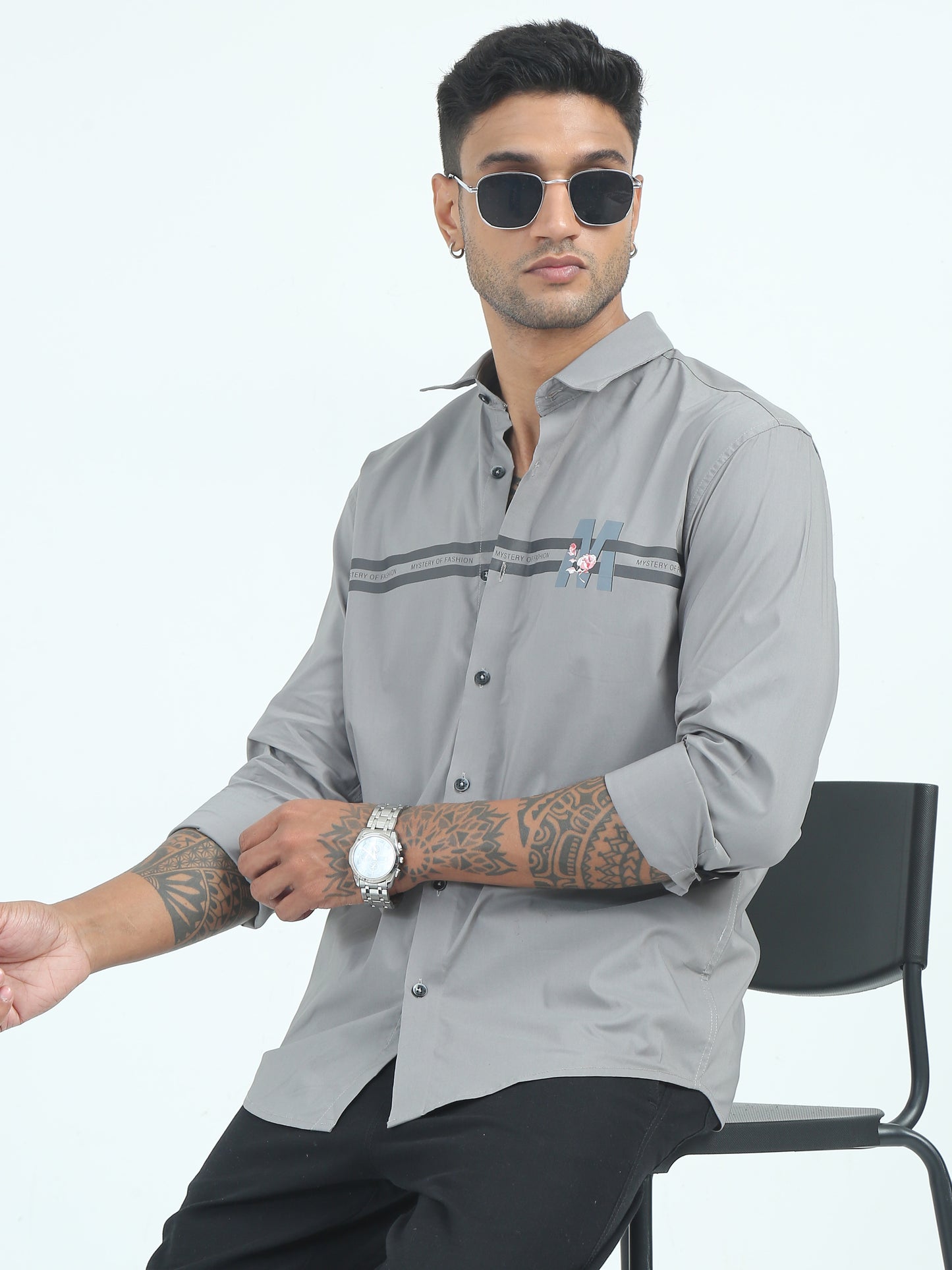 Grey Poplin Stripe Cotton Polyester Shirts for Men