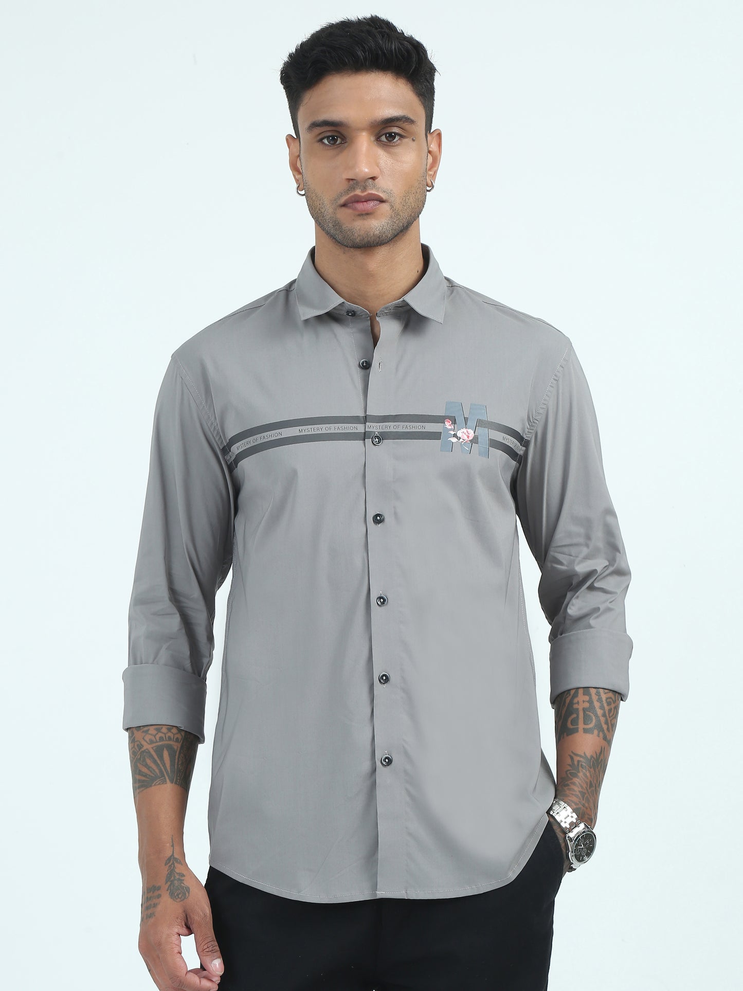 Grey Poplin Stripe Cotton Polyester Shirts for Men