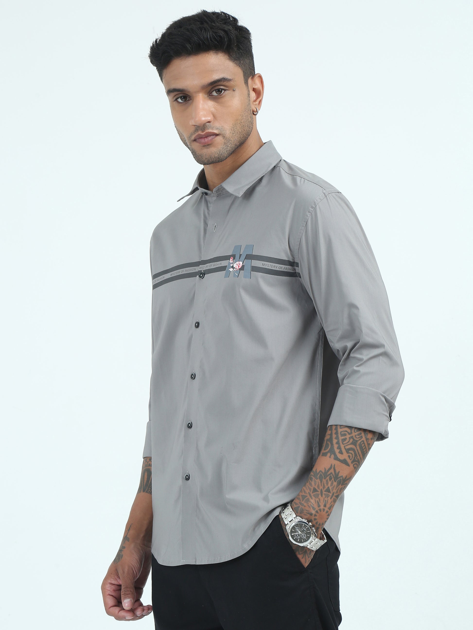 Grey Poplin Stripe Cotton Polyester Shirts for Men