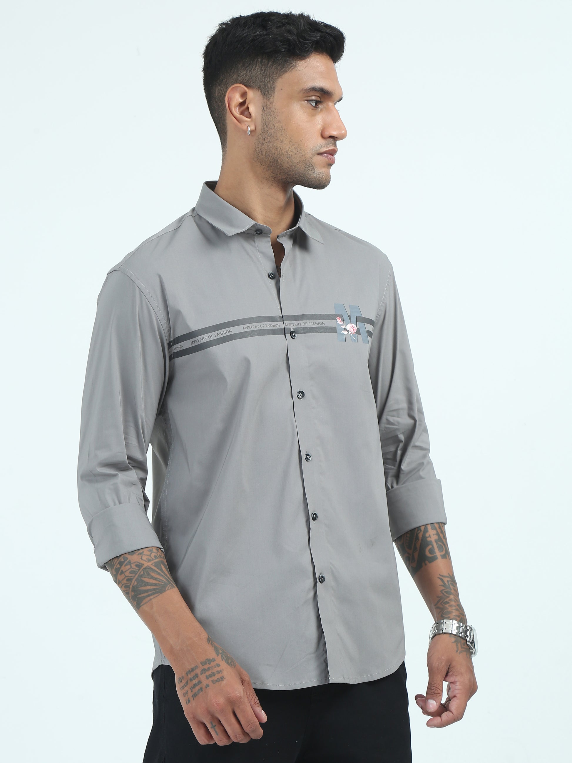 Grey Poplin Stripe Cotton Polyester Shirts for Men