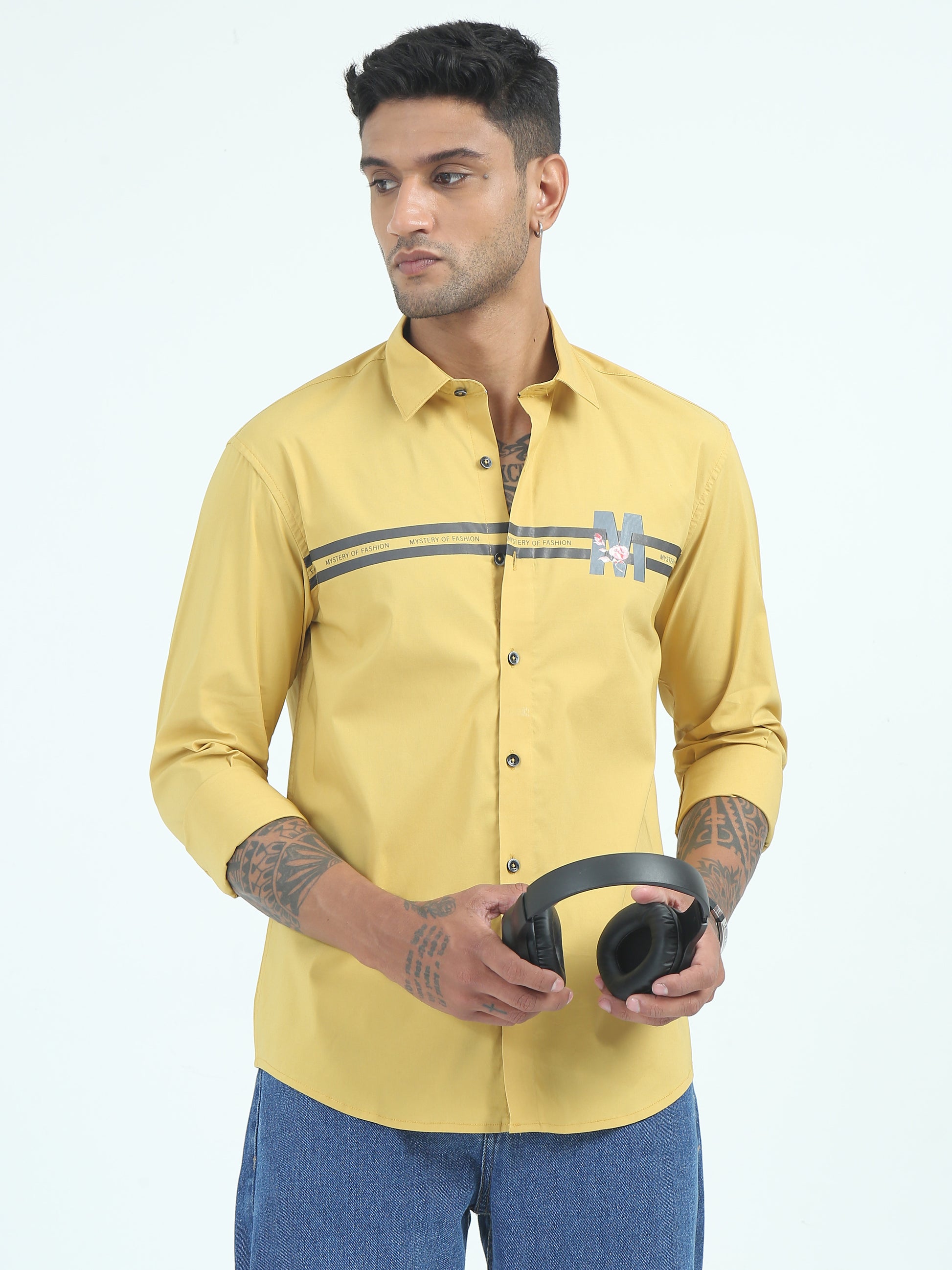 Yellow Poplin Cotton Stripe Poly Shirt for Men