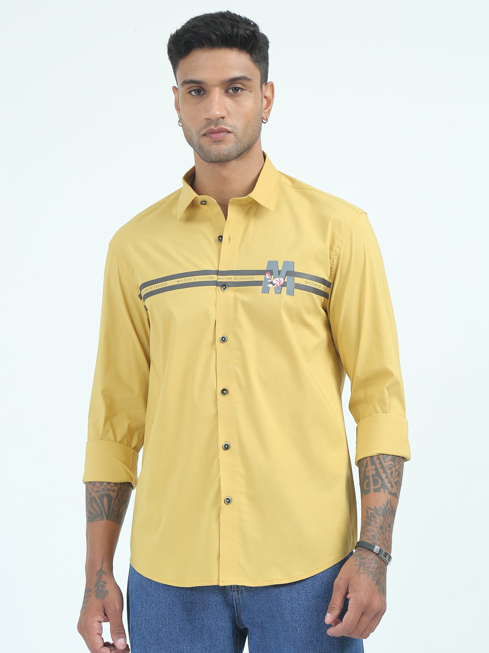 Yellow Poplin Cotton Stripe Poly Shirt for Men