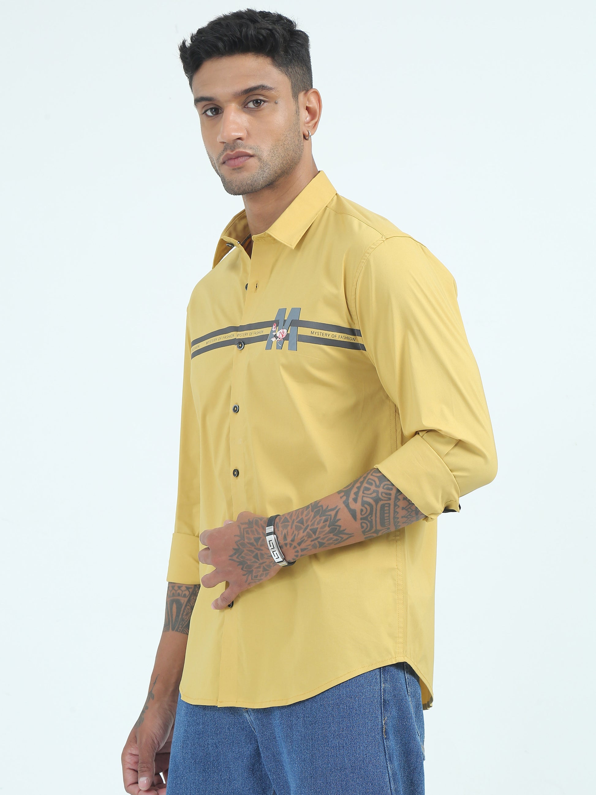 Yellow Poplin Cotton Stripe Poly Shirt for Men