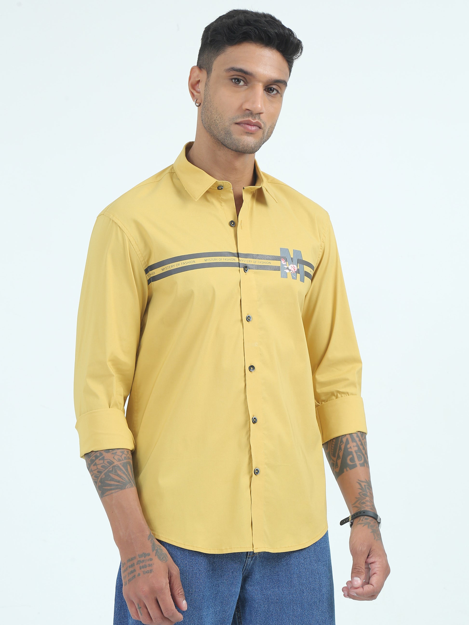 Yellow Poplin Cotton Stripe Poly Shirt for Men