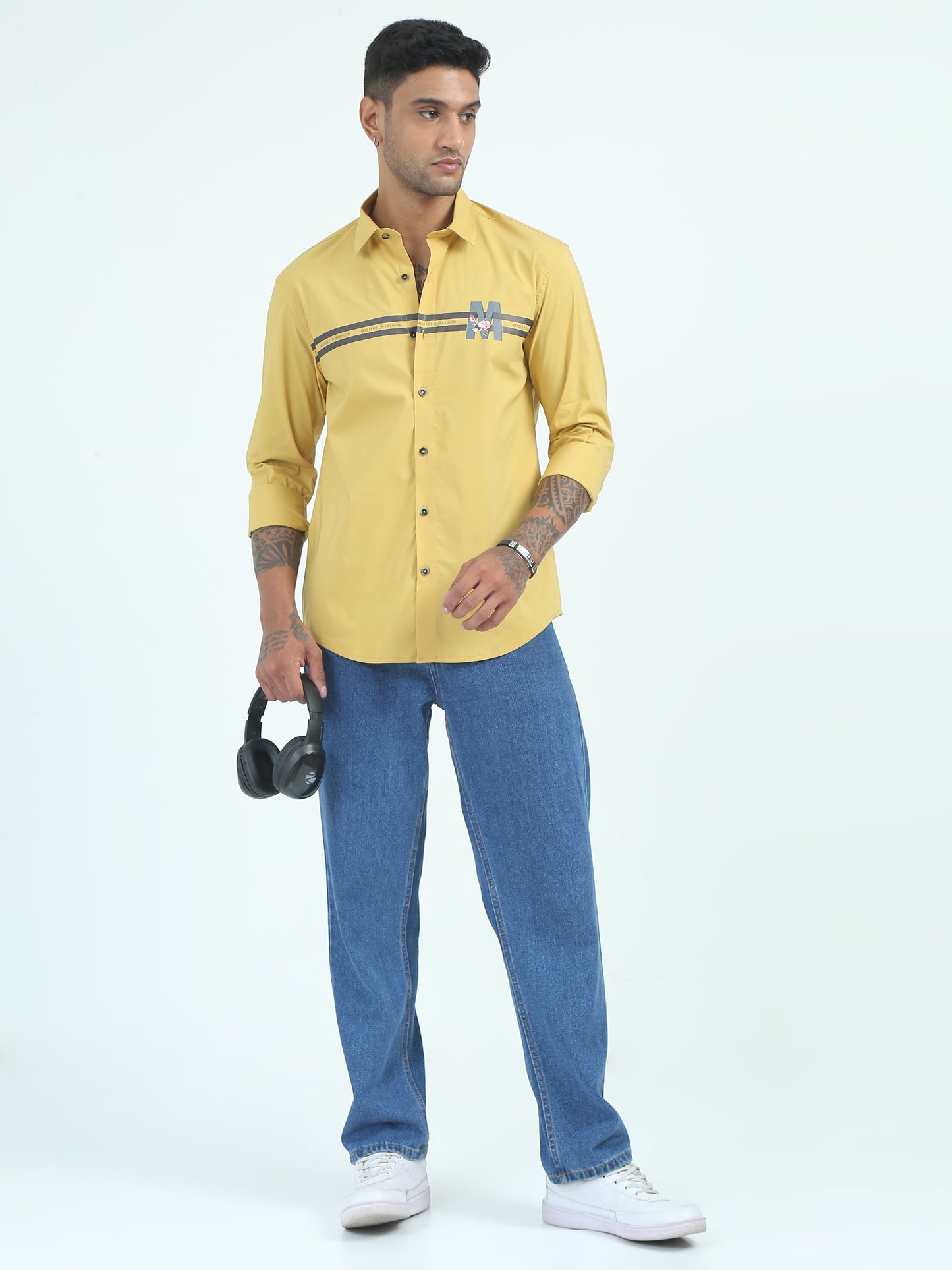 Yellow Poplin Cotton Stripe Poly Shirt for Men