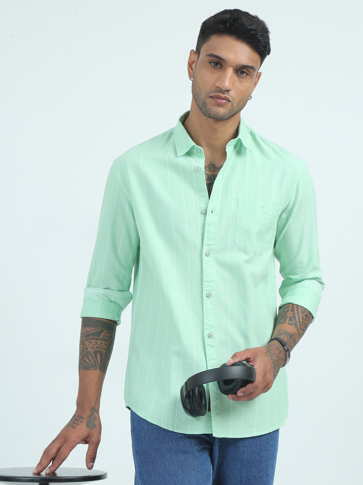 Green Oxford Strip Regular Fit Casual Shirts for Men