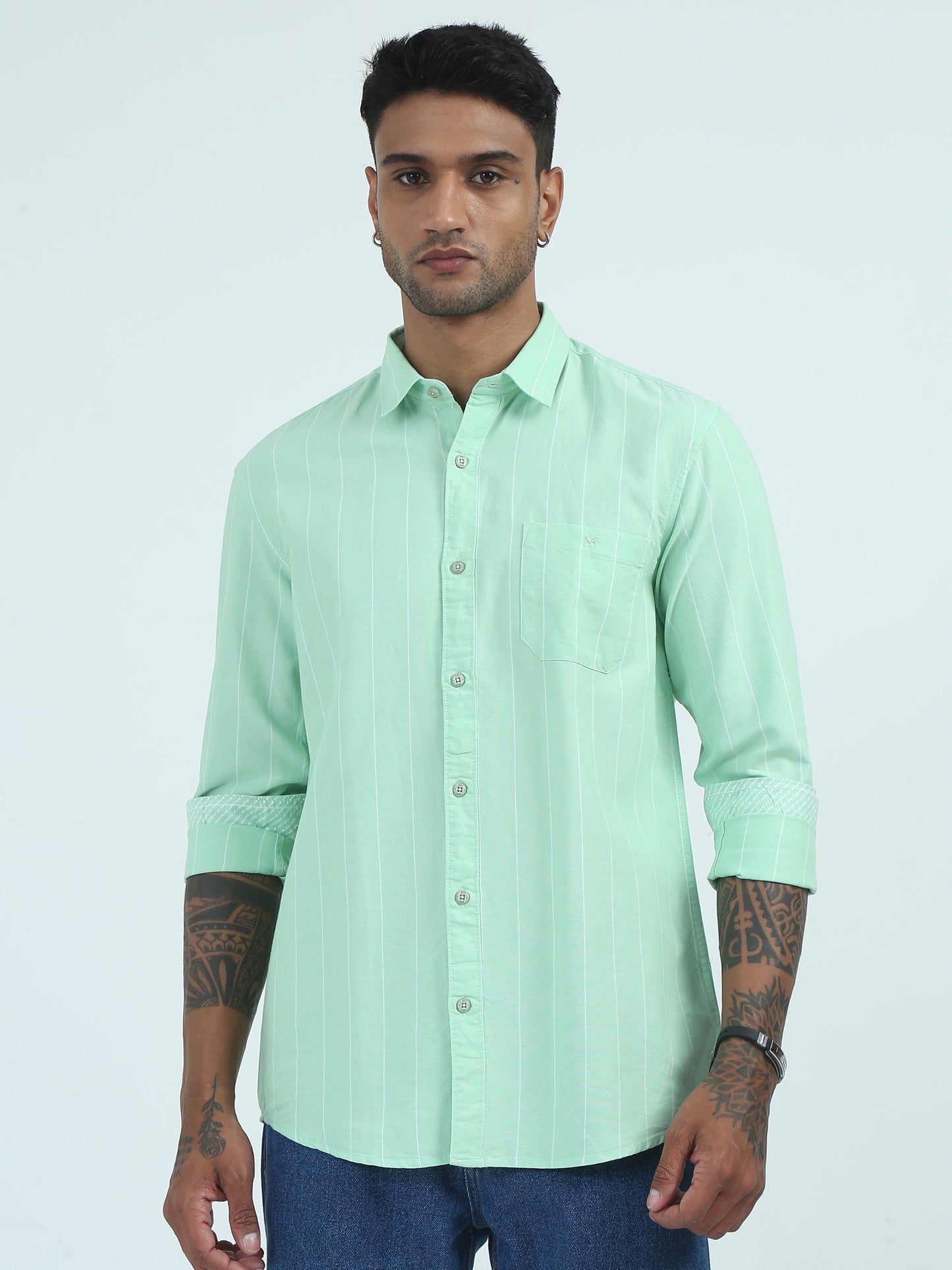 Green Oxford Strip Regular Fit Casual Shirts for Men