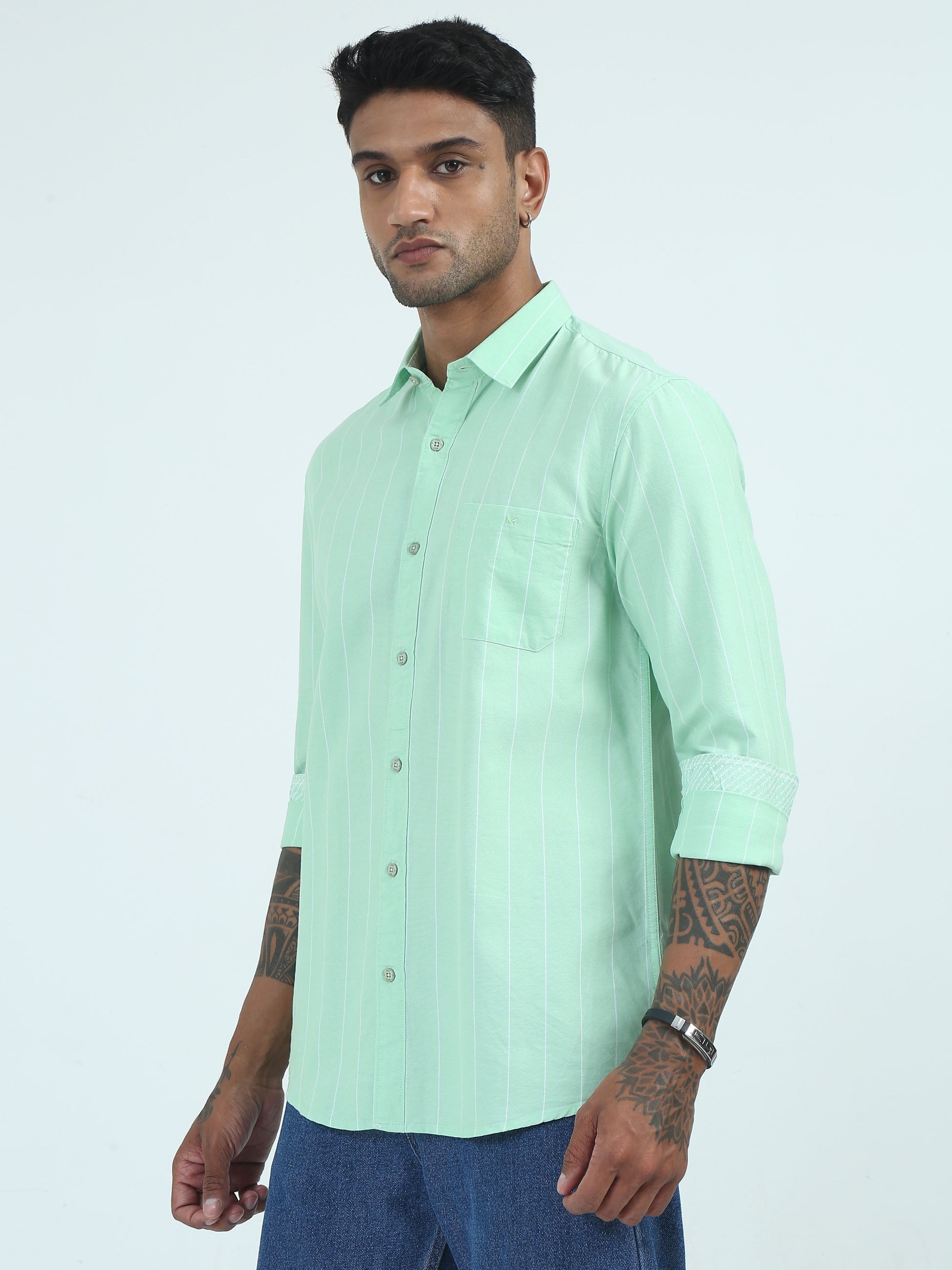 Green Oxford Strip Regular Fit Casual Shirts for Men