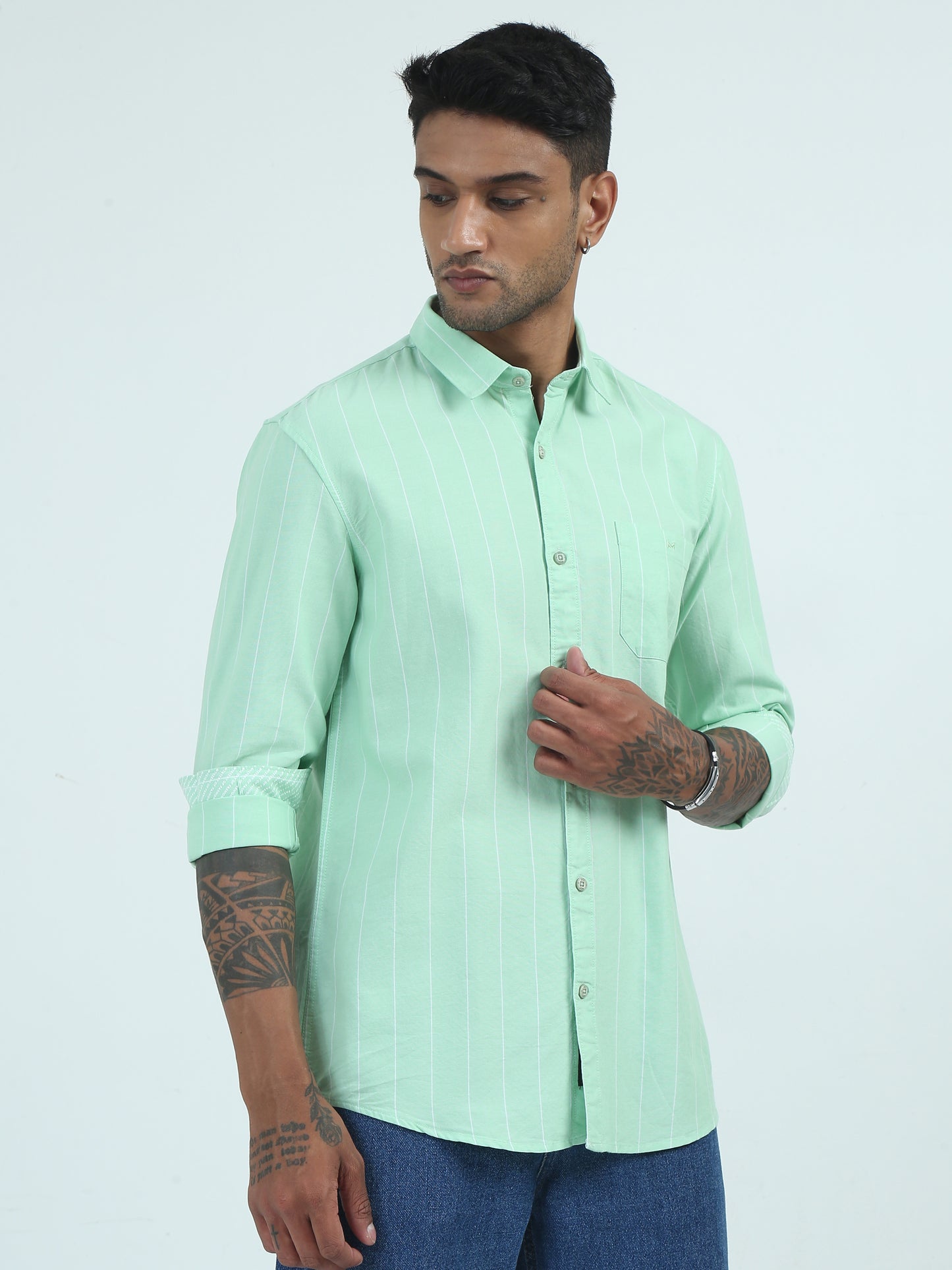 Green Oxford Strip Regular Fit Casual Shirts for Men