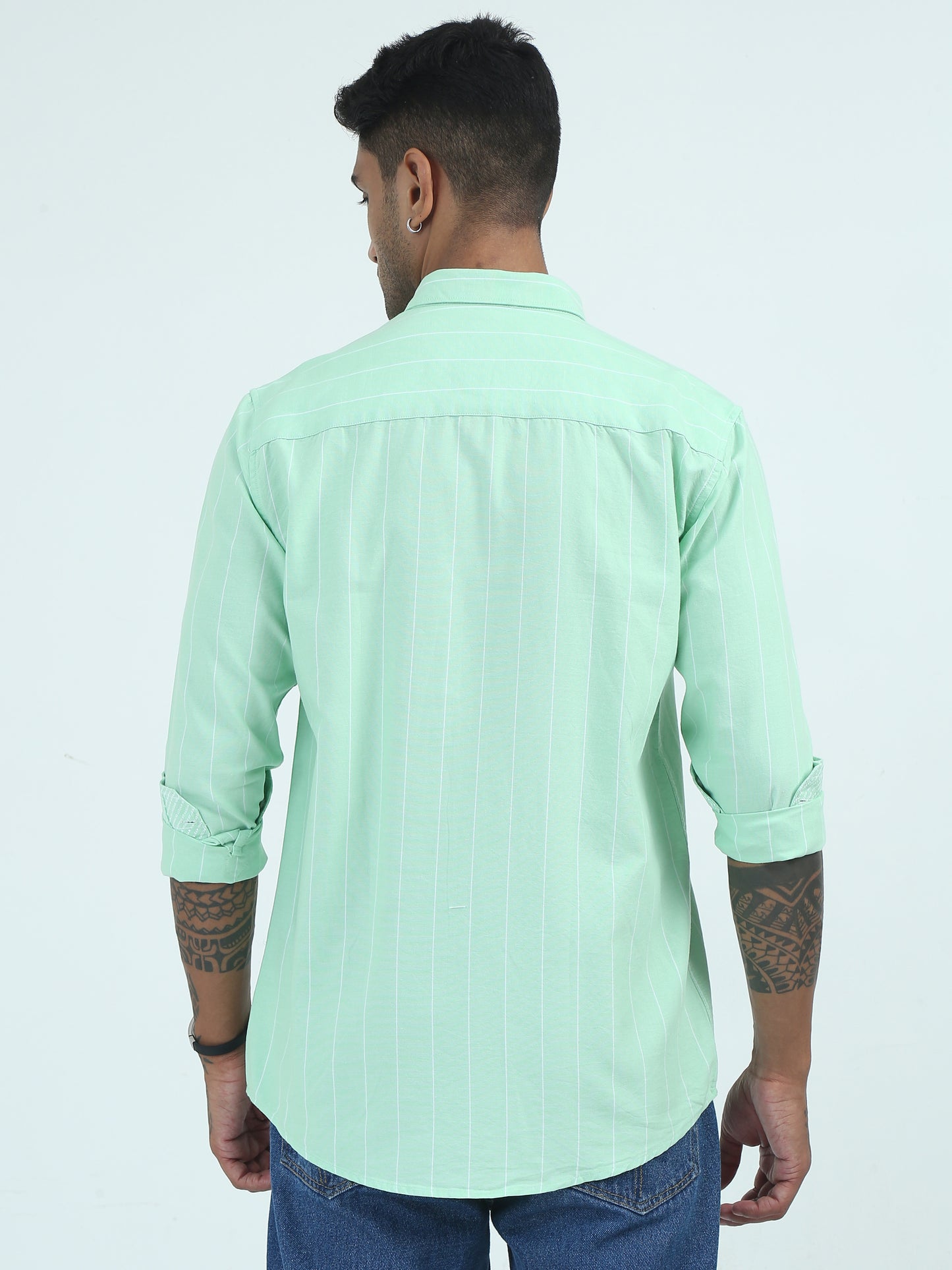 Green Oxford Strip Regular Fit Casual Shirts for Men