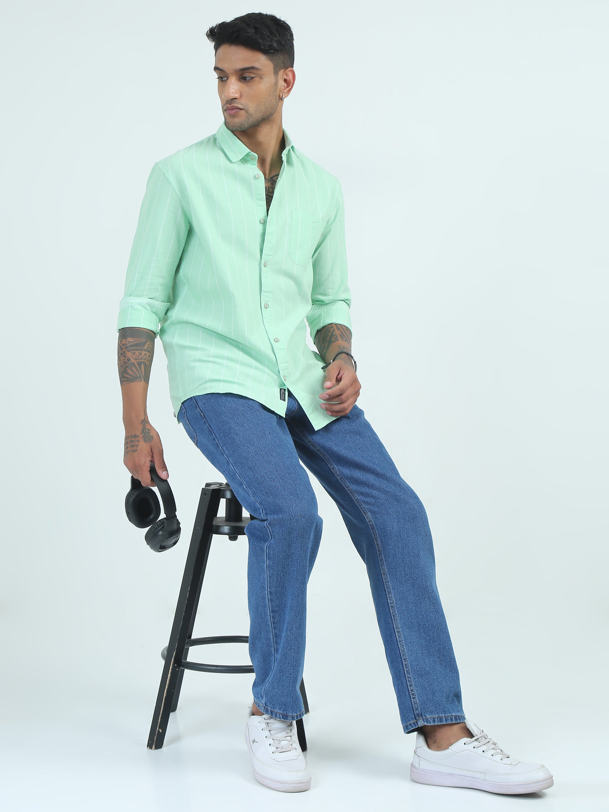 Green Oxford Strip Regular Fit Casual Shirts for Men