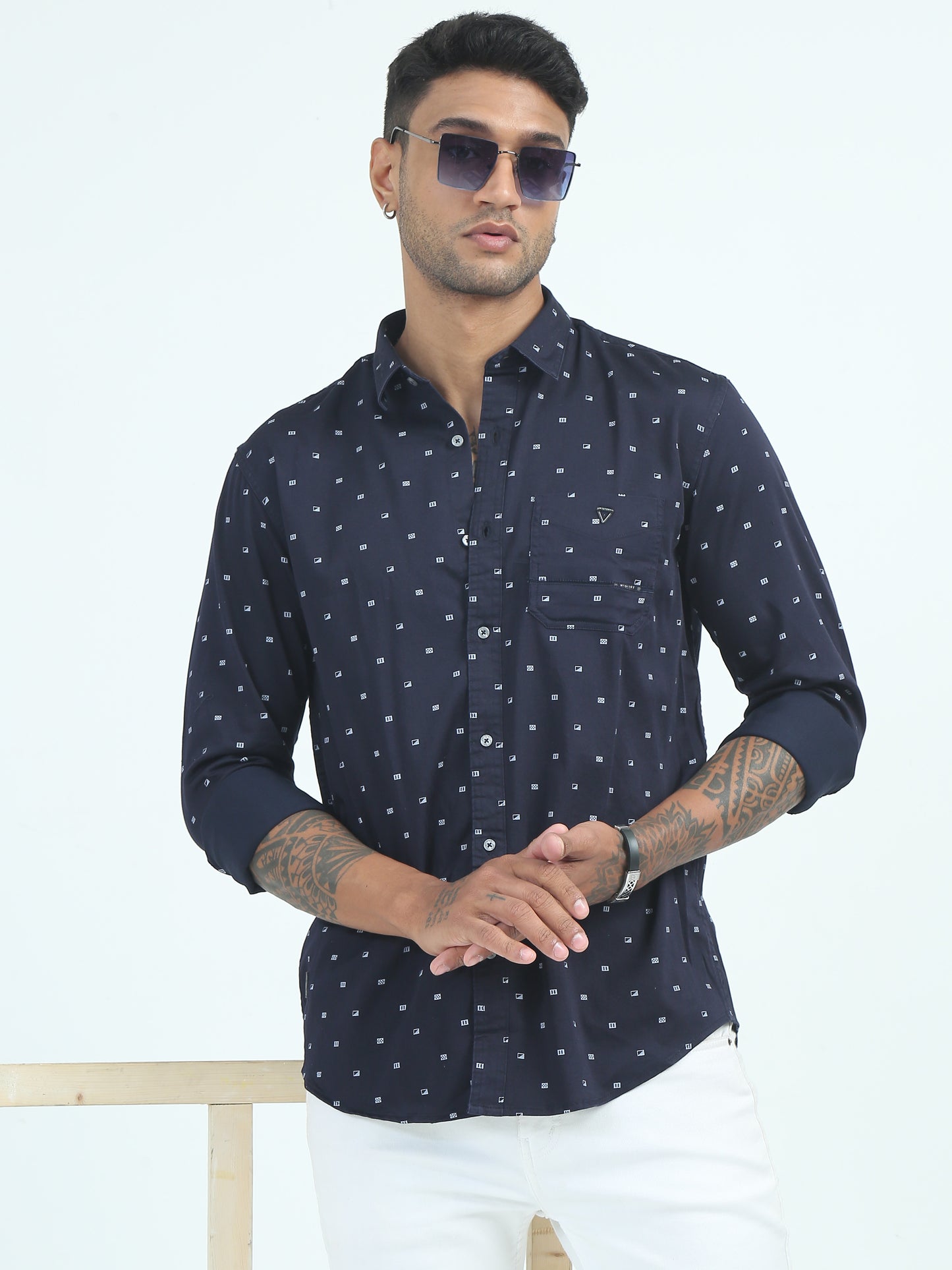 Navy Poly Mens Satin Printed Shirt 