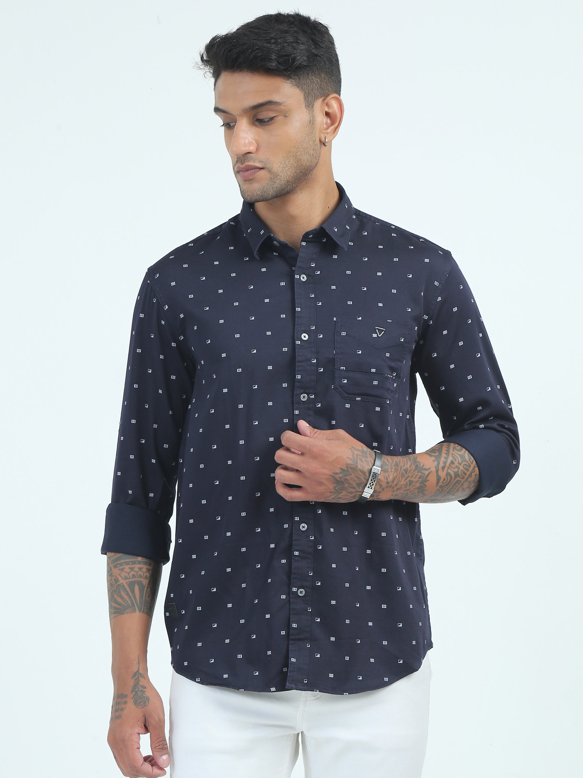 Navy Poly Mens Satin Printed Shirt 