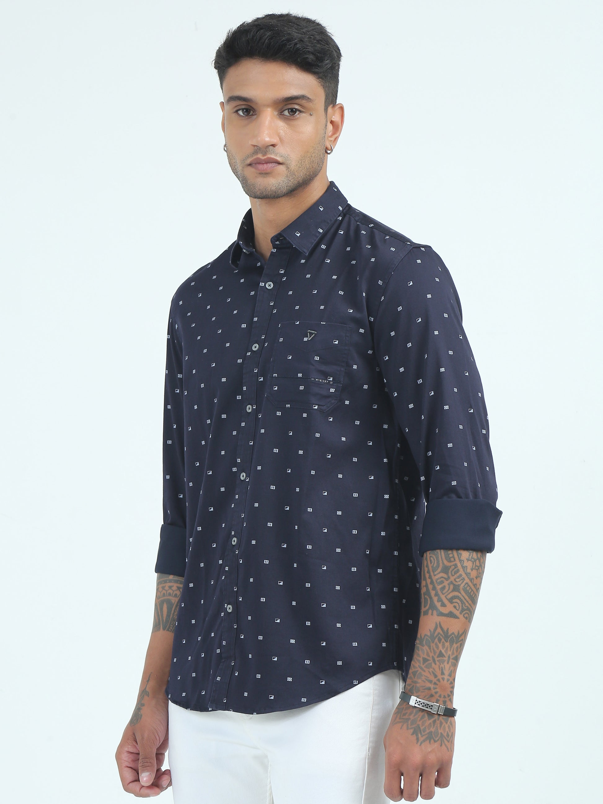 Navy Poly Mens Satin Printed Shirt 