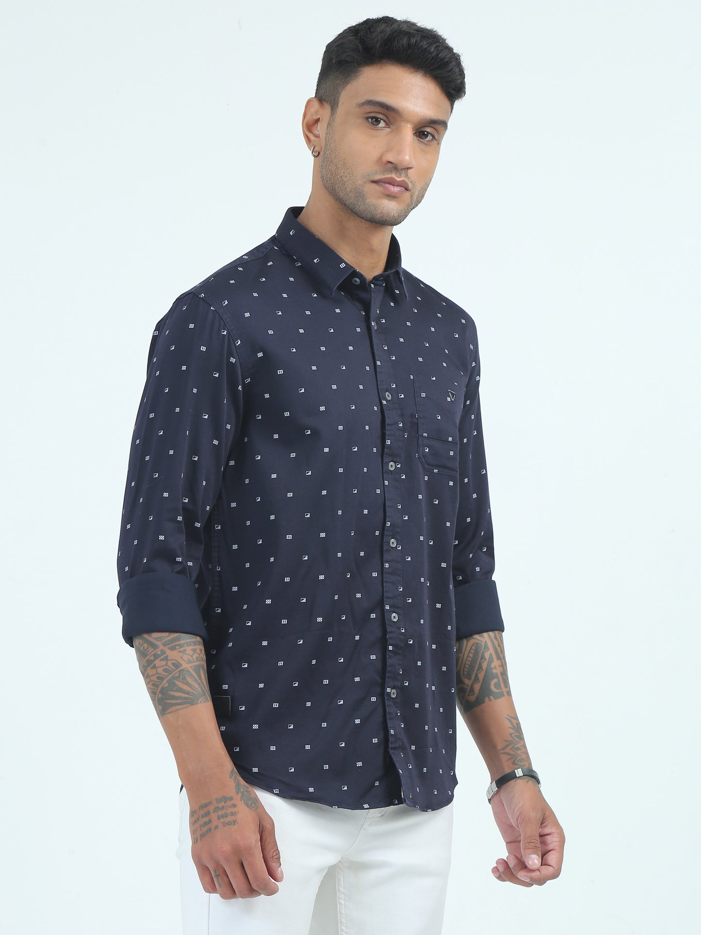 Navy Poly Satin Printed Shirt