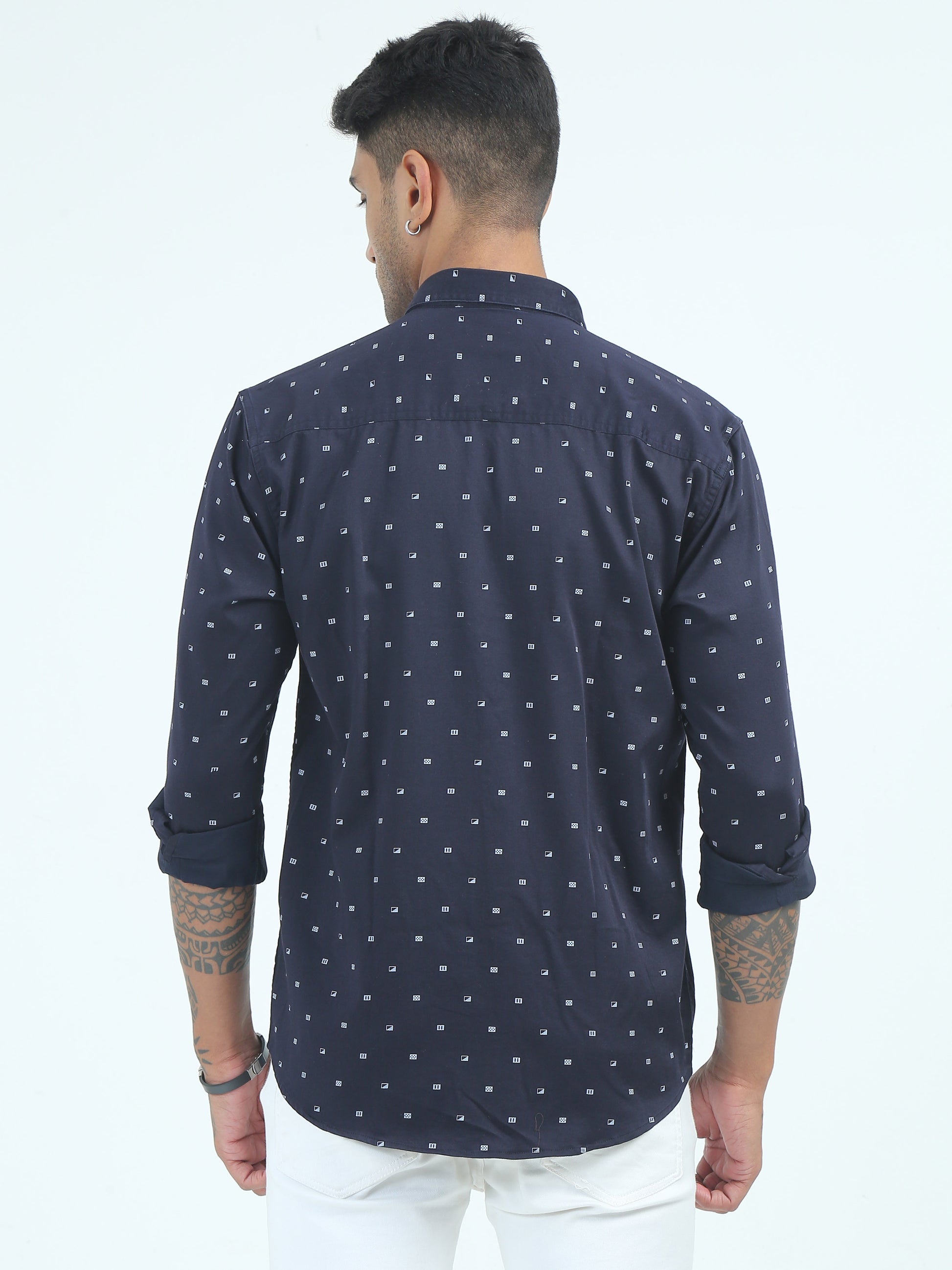 Navy Poly Mens Satin Printed Shirt 