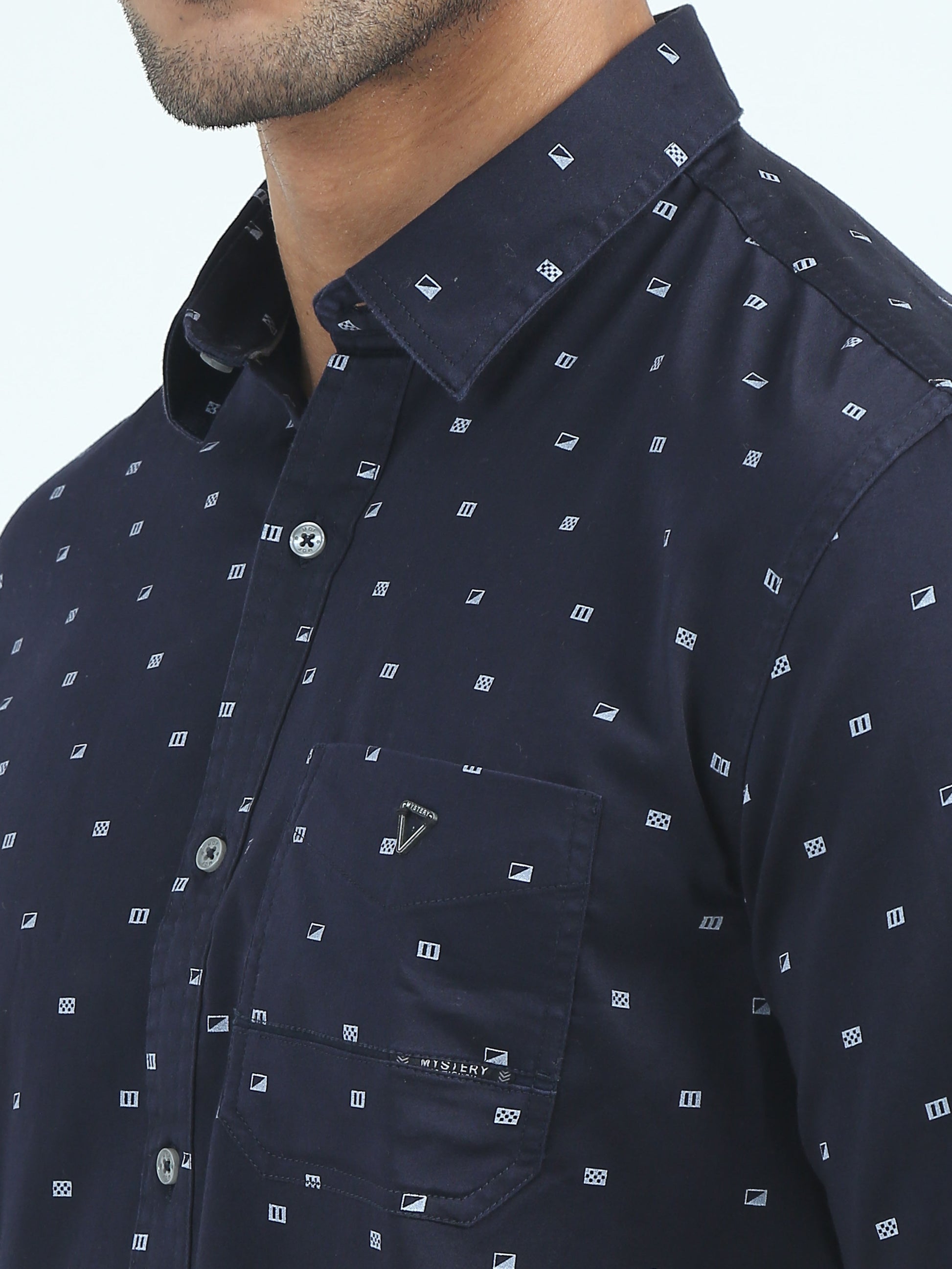 Navy Poly Mens Satin Printed Shirt 