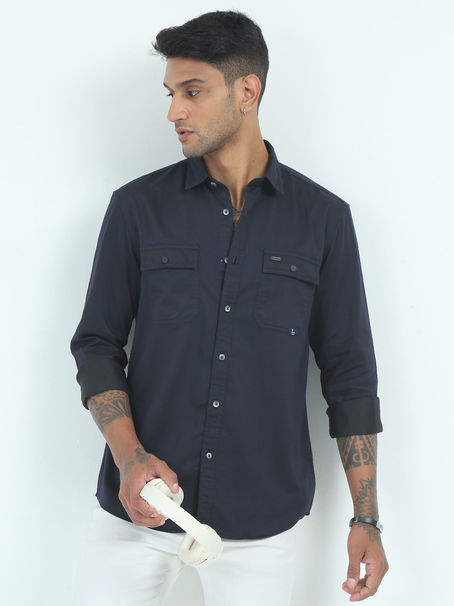  Twill Poly Lycra Mens Navy Blue Double Pocket Shirt