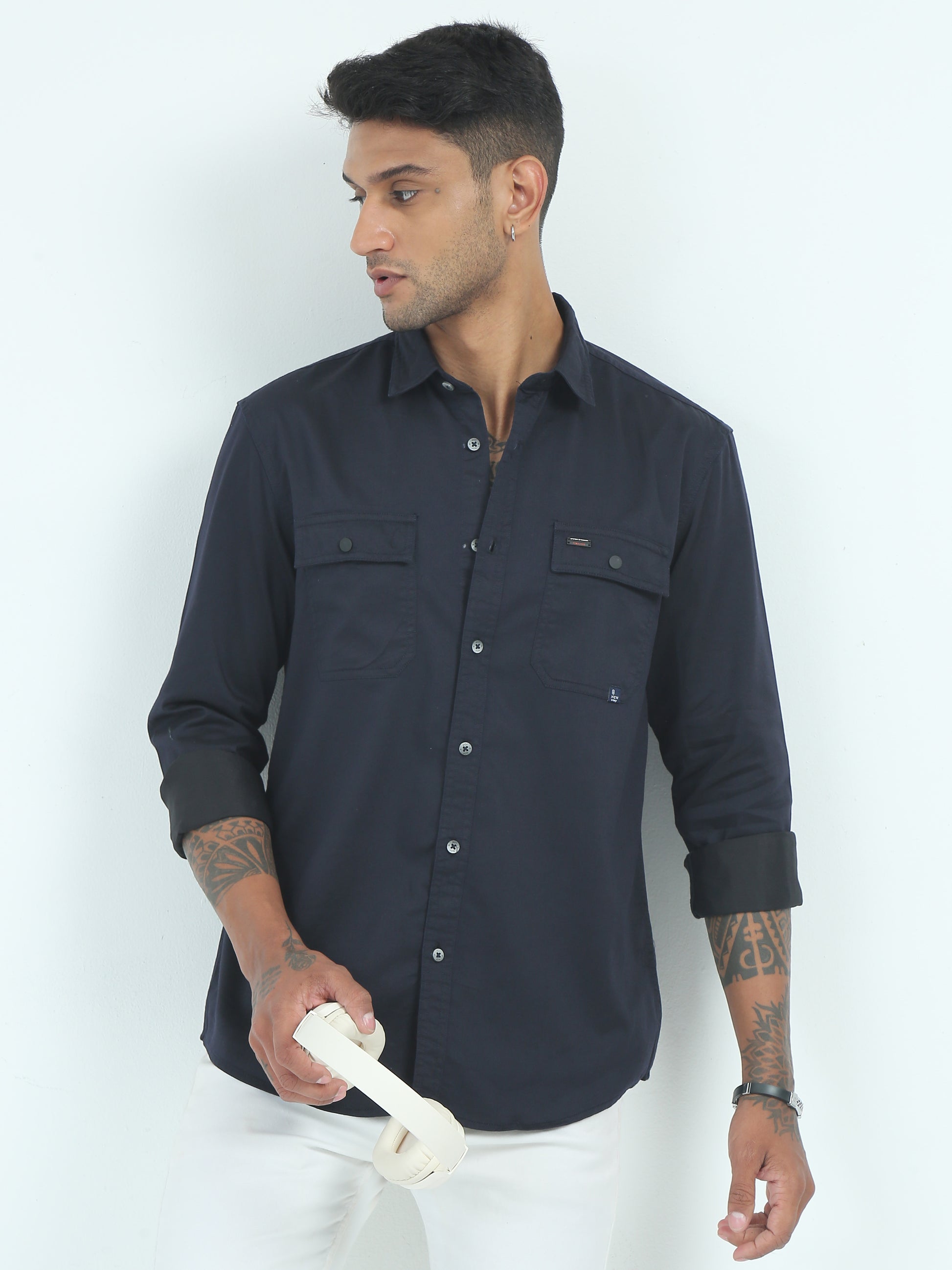  Twill Poly Lycra Mens Navy Blue Double Pocket Shirt