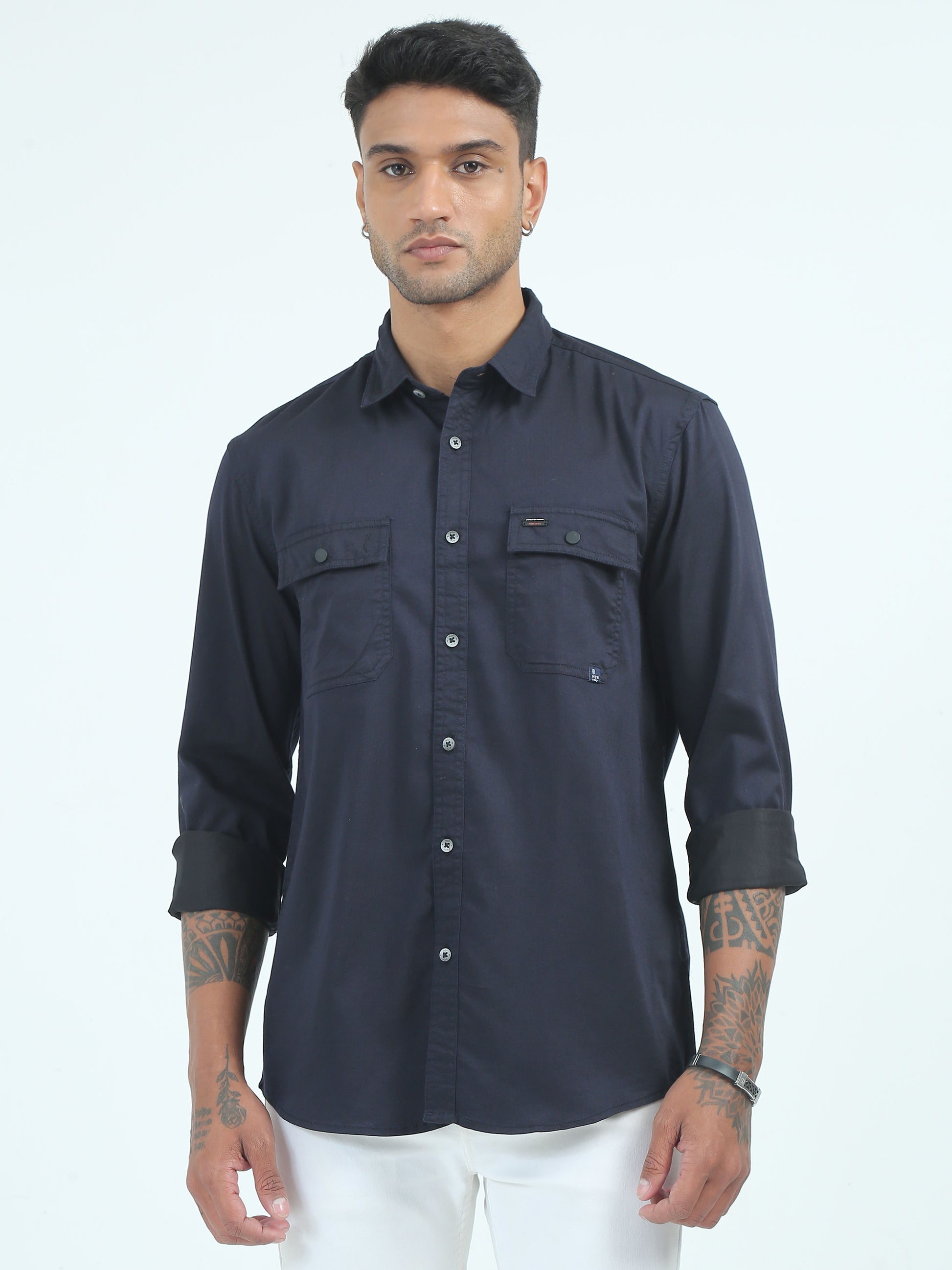  Twill Poly Lycra Mens Navy Blue Double Pocket Shirt