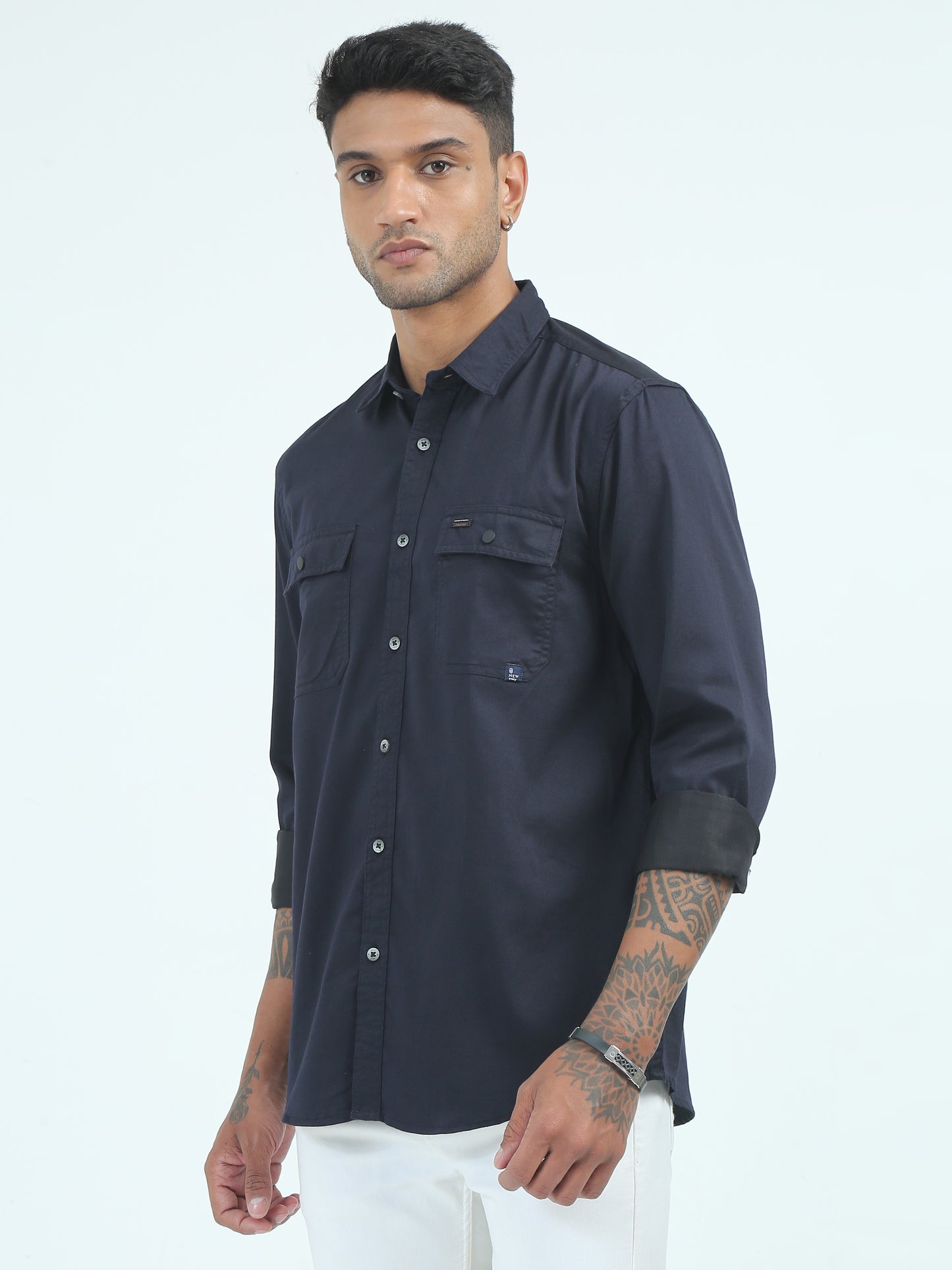  Twill Poly Lycra Mens Navy Blue Double Pocket Shirt