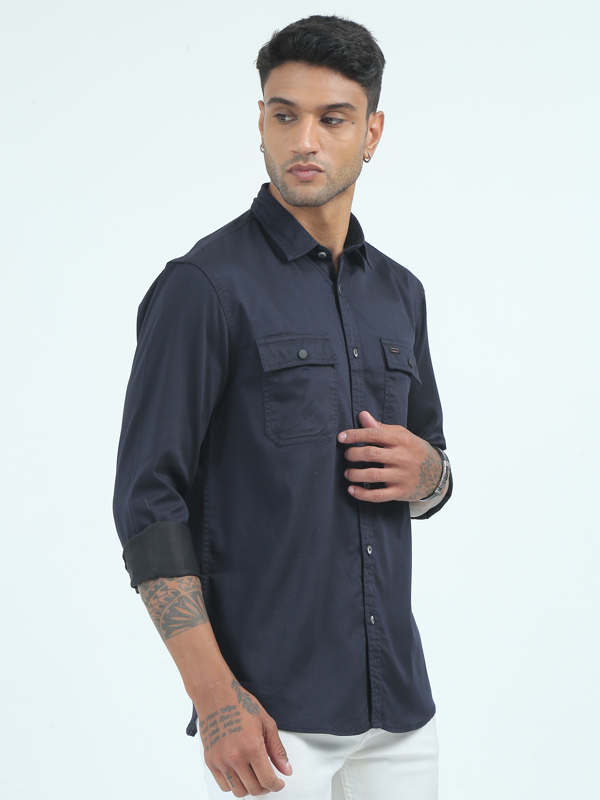  Twill Poly Lycra Mens Navy Blue Double Pocket Shirt