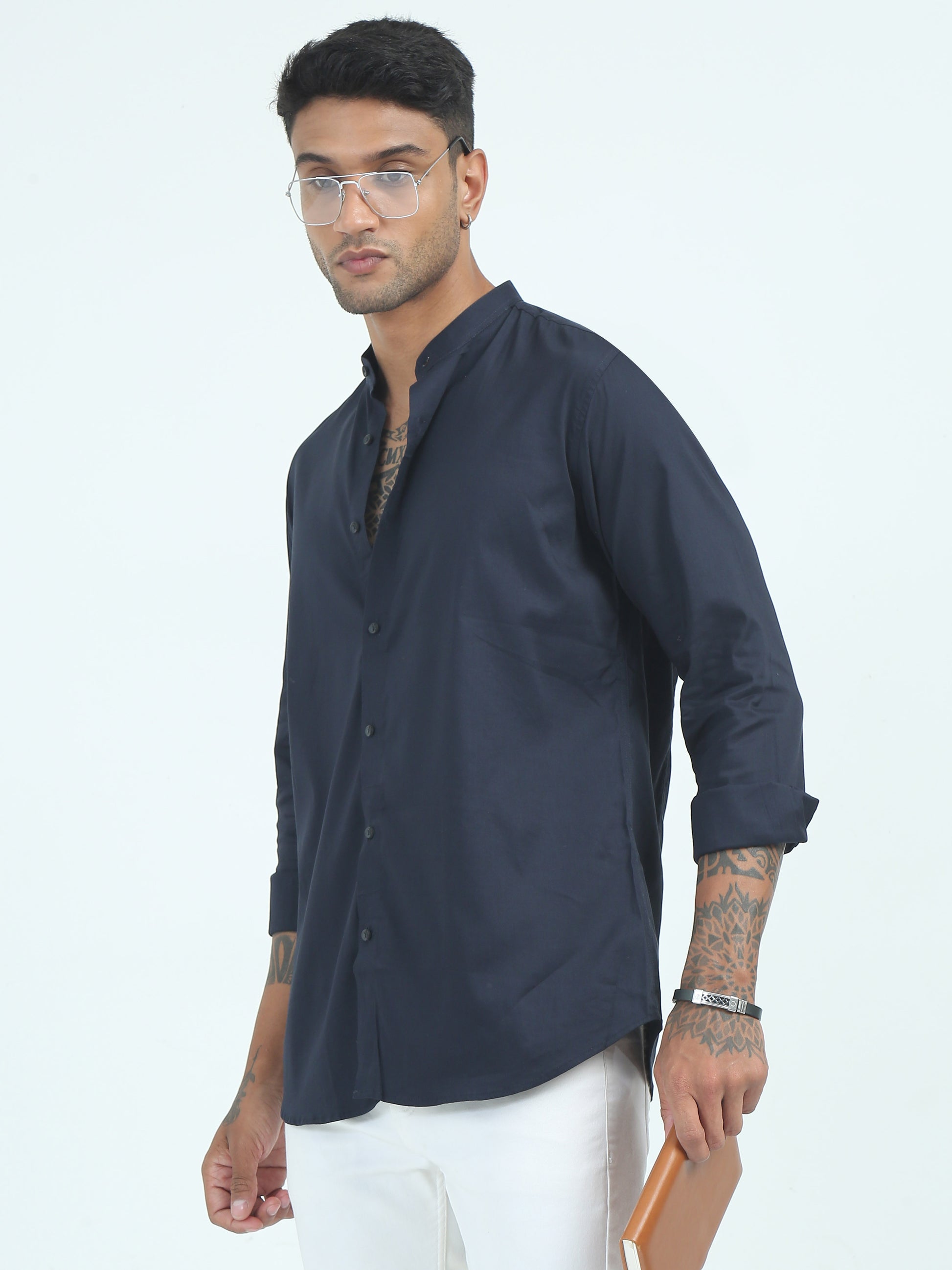 Twill Cotton Poly Solid Navy Blue Shirt for Men