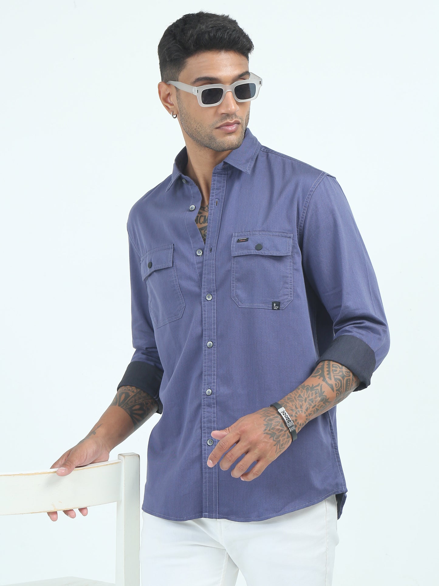 Twill Poly Lycra Mens Blue Double Pocket Shirt