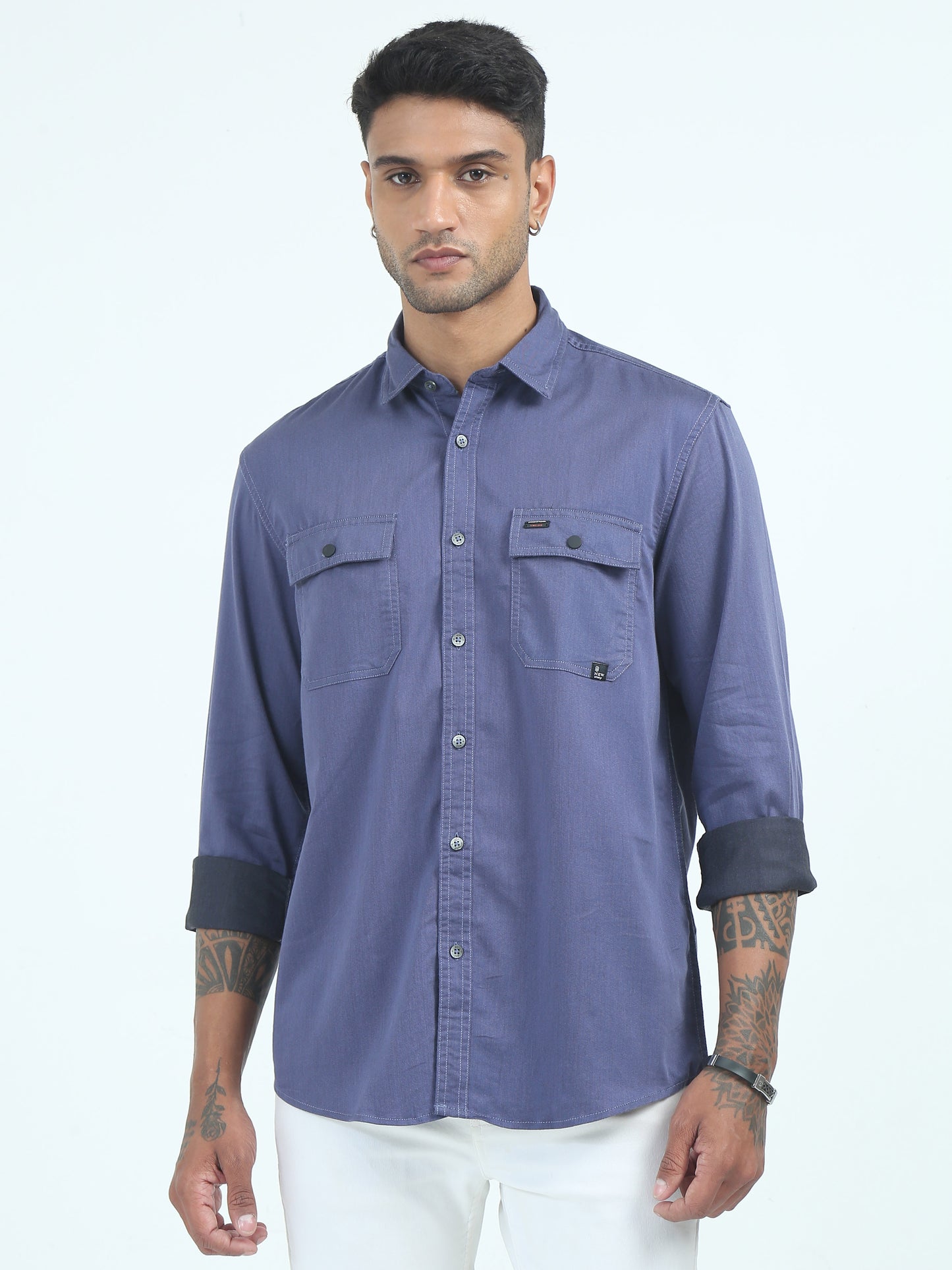 Twill Poly Lycra Mens Blue Double Pocket Shirt