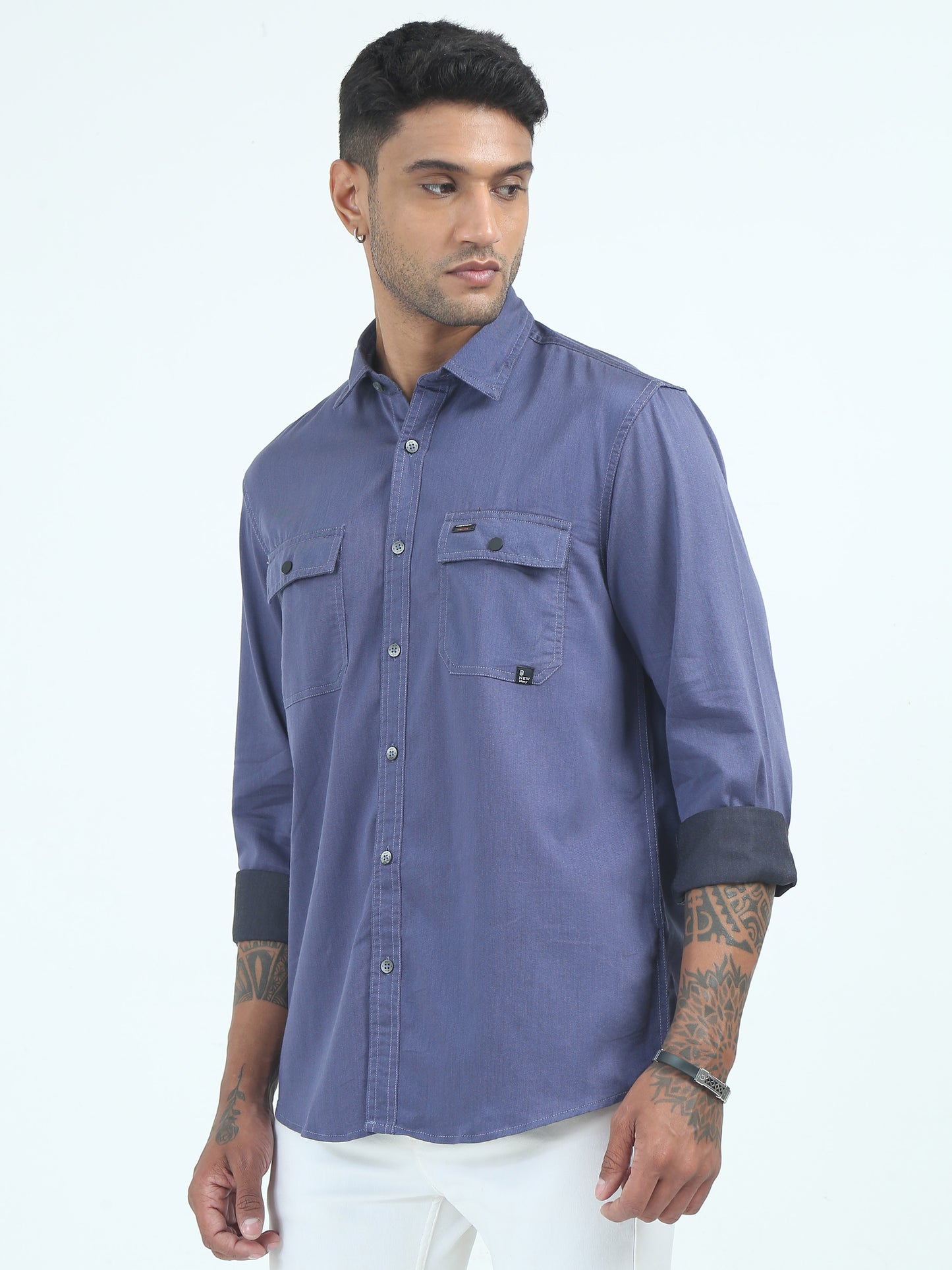 Twill Poly Lycra Mens Blue Double Pocket Shirt