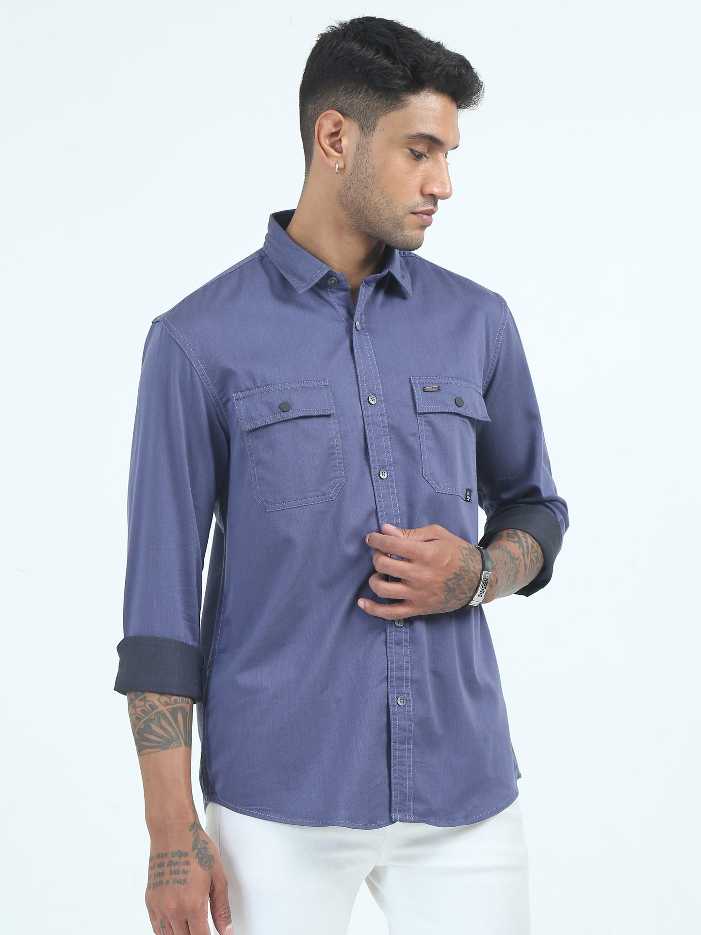 Twill Poly Lycra Mens Blue Double Pocket Shirt