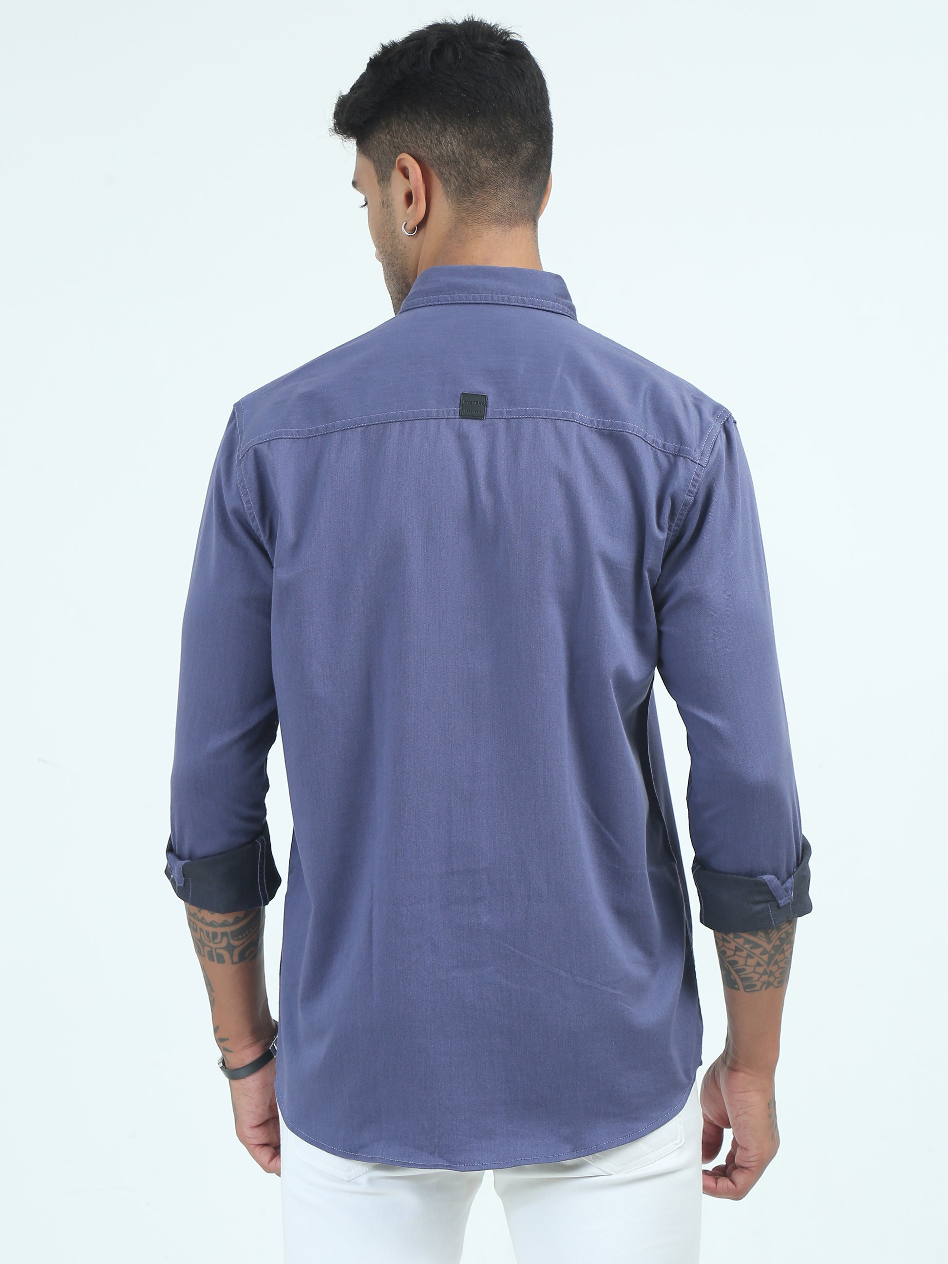 Twill Poly Lycra Mens Blue Double Pocket Shirt