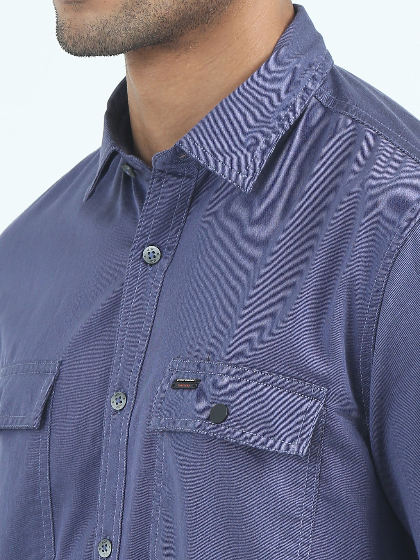 Twill Poly Lycra Mens Blue Double Pocket Shirt