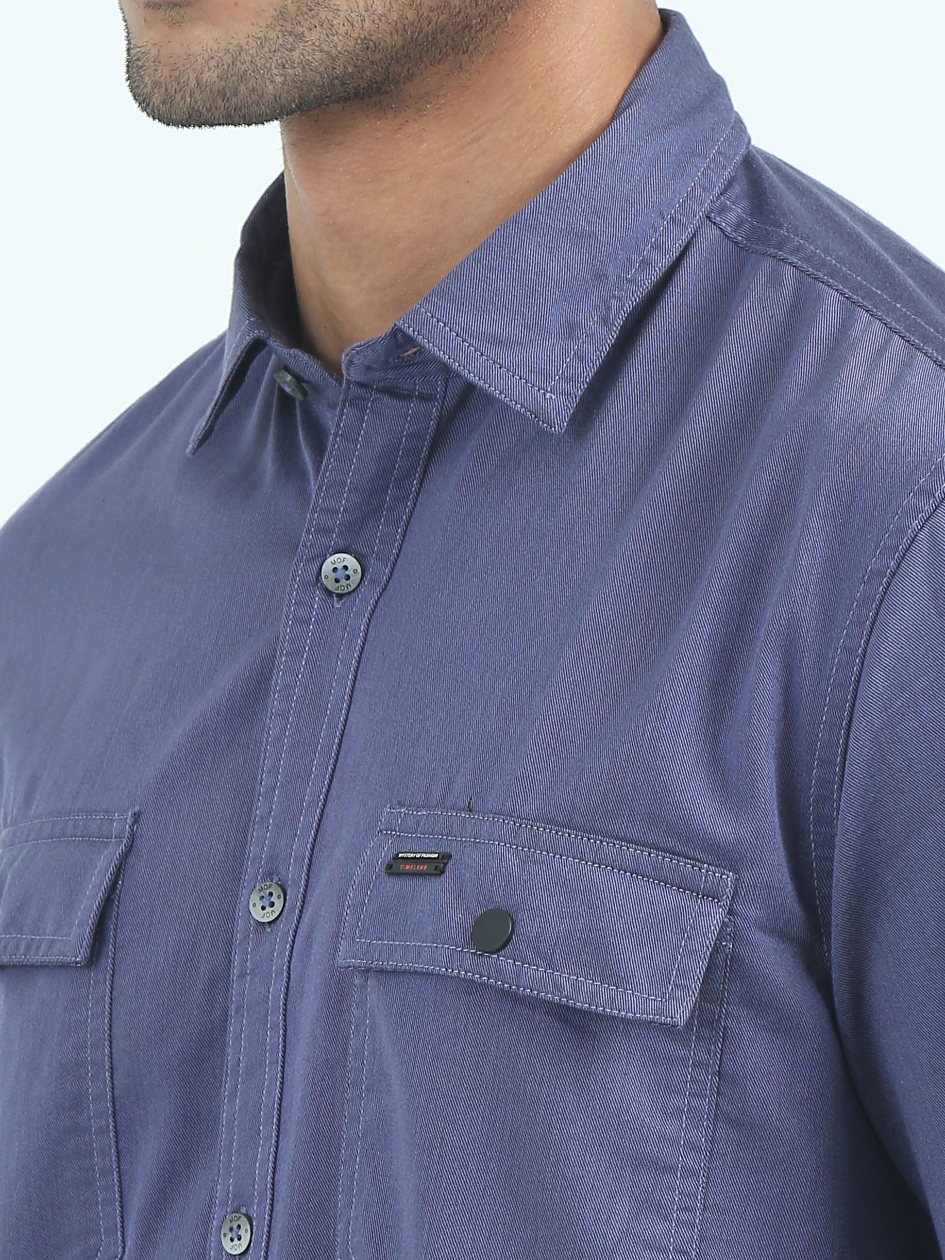 Twill Poly Lycra Mens Blue Double Pocket Shirt