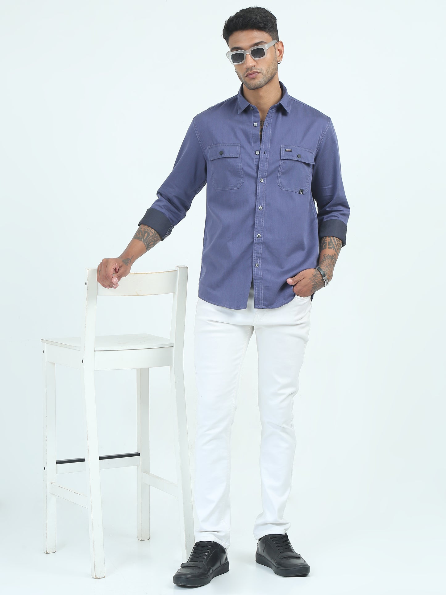 Twill Poly Lycra Mens Blue Double Pocket Shirt