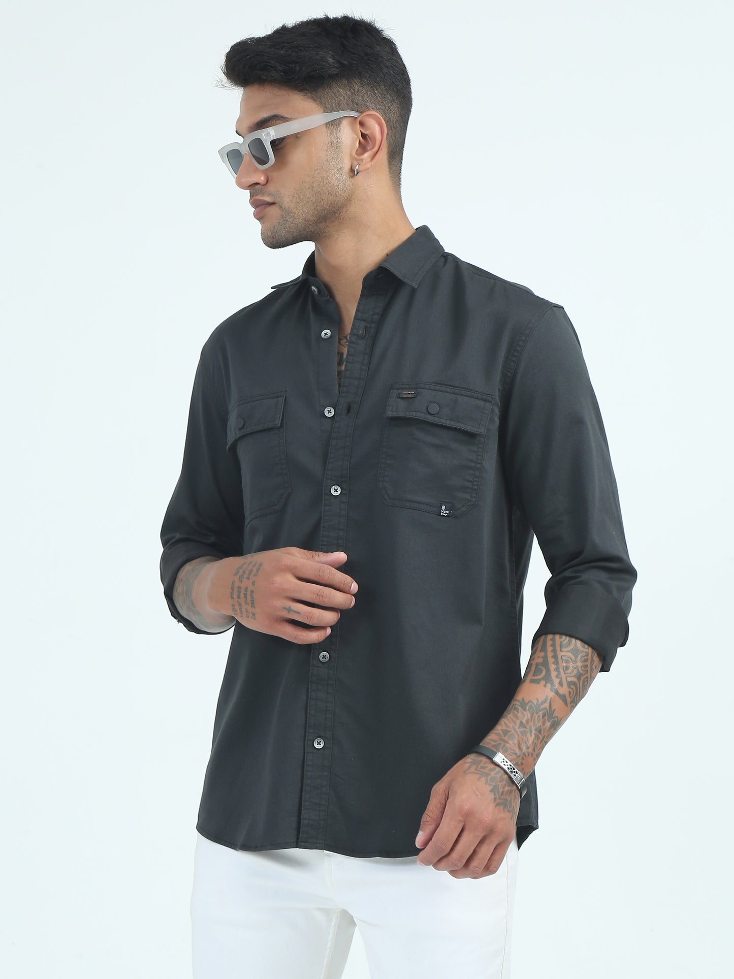 Black Twill Poly Lycra Double pocket solid shirt